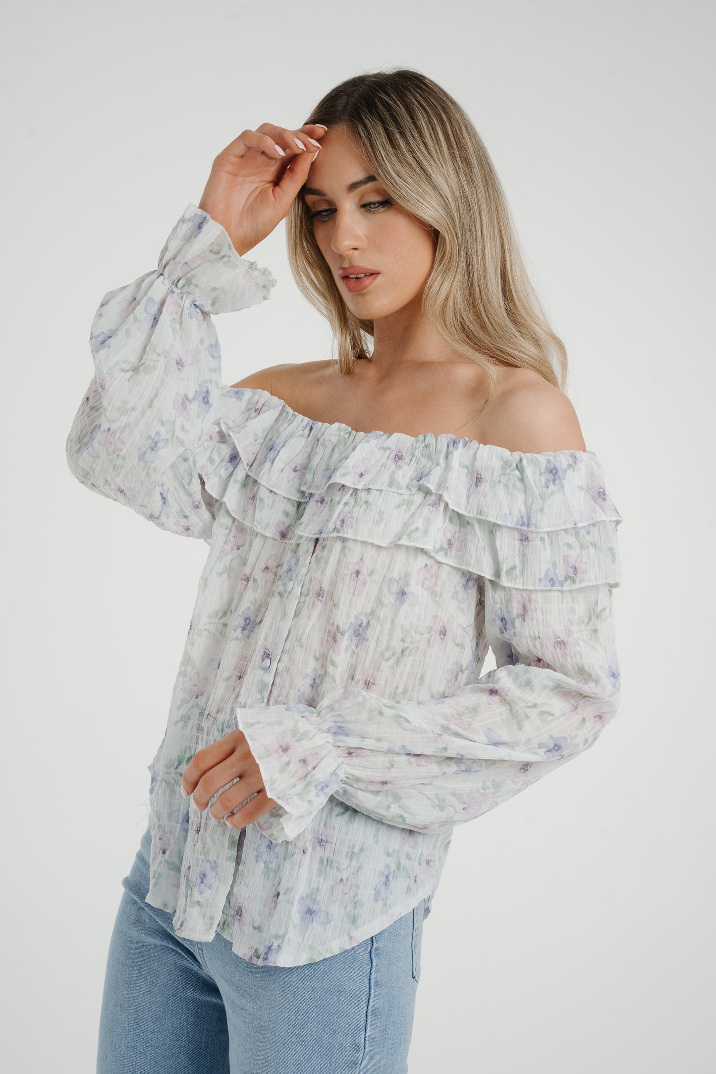 Elsa Bardot Floral Top In Lilac Mix