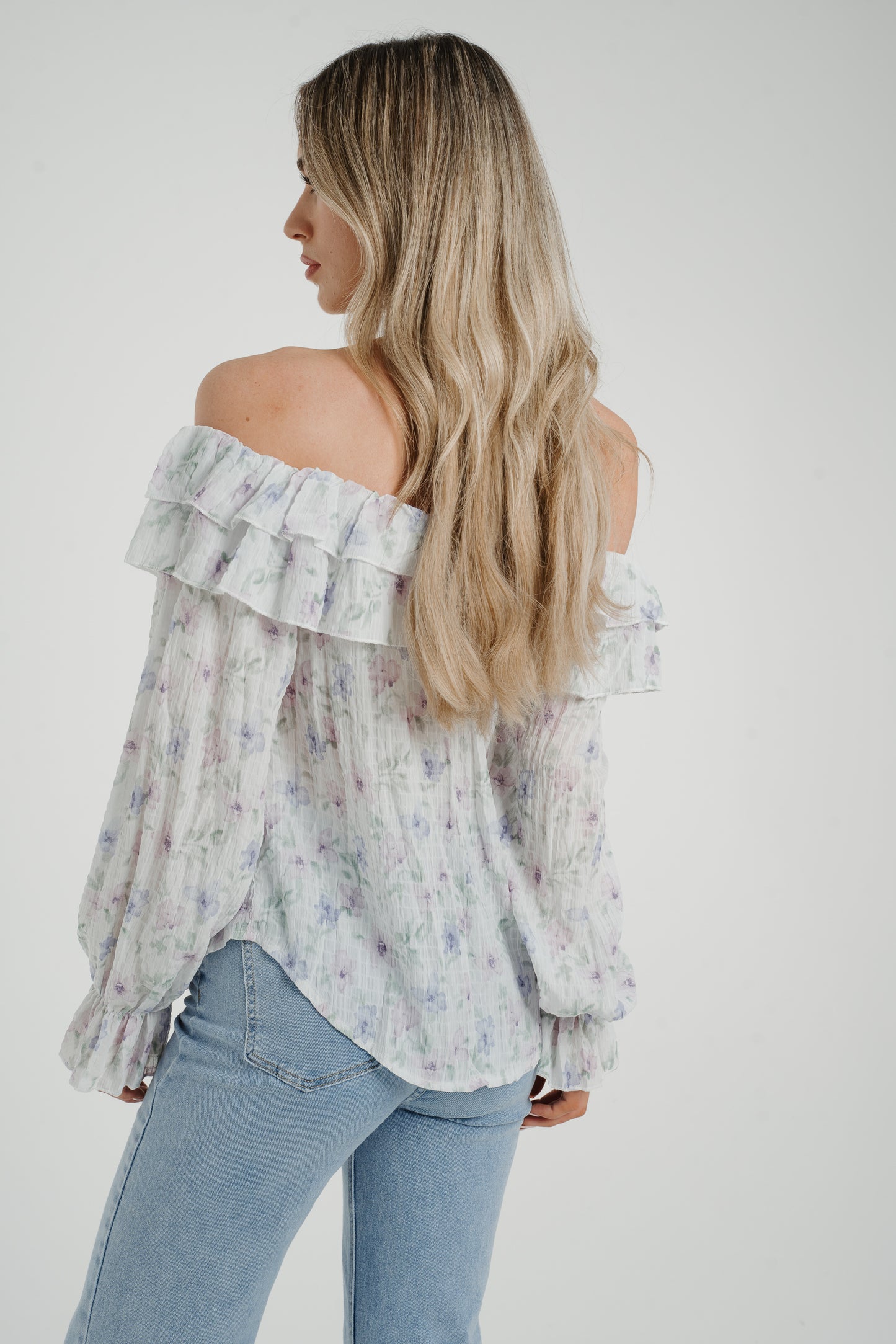 Elsa Bardot Floral Top In Lilac Mix