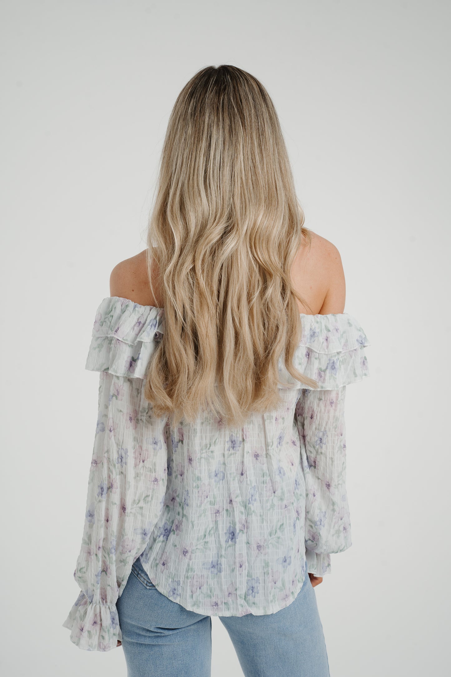 Elsa Bardot Floral Top In Lilac Mix
