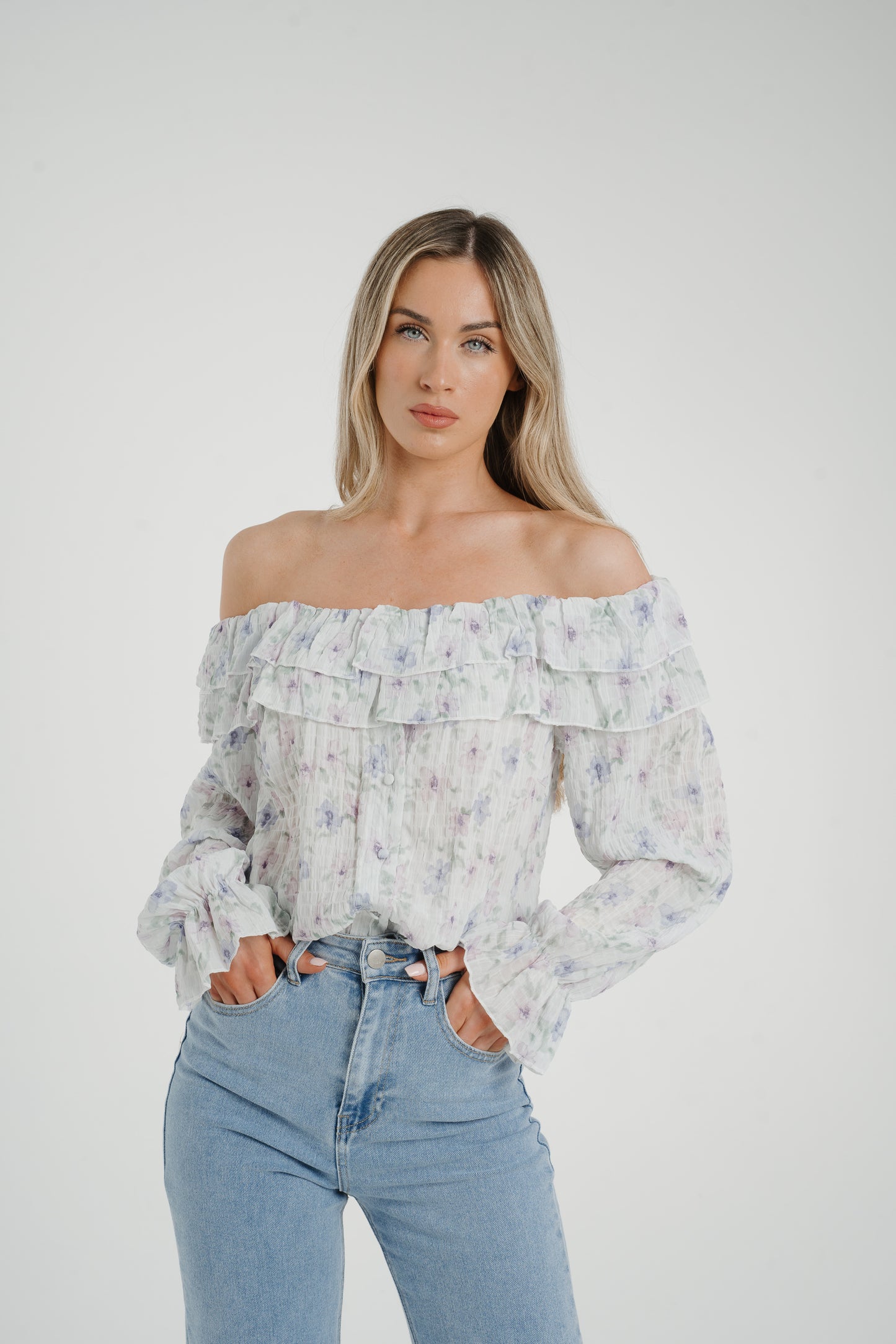 Elsa Bardot Floral Top In Lilac Mix