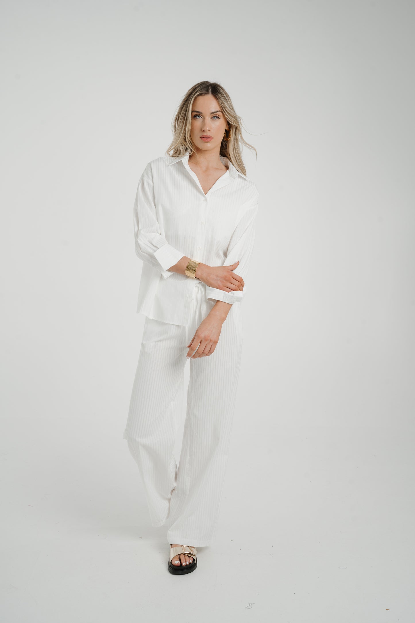 Elsa Tie Waist Pinstripe Trousers In White
