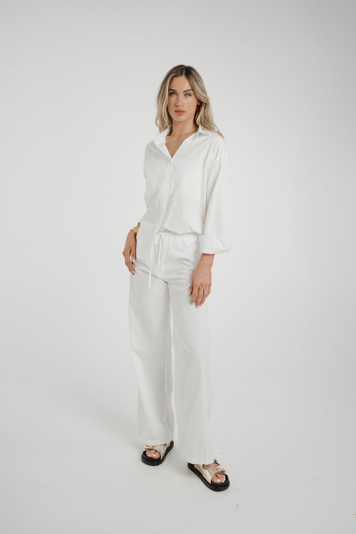 Elsa Tie Waist Pinstripe Trousers In White
