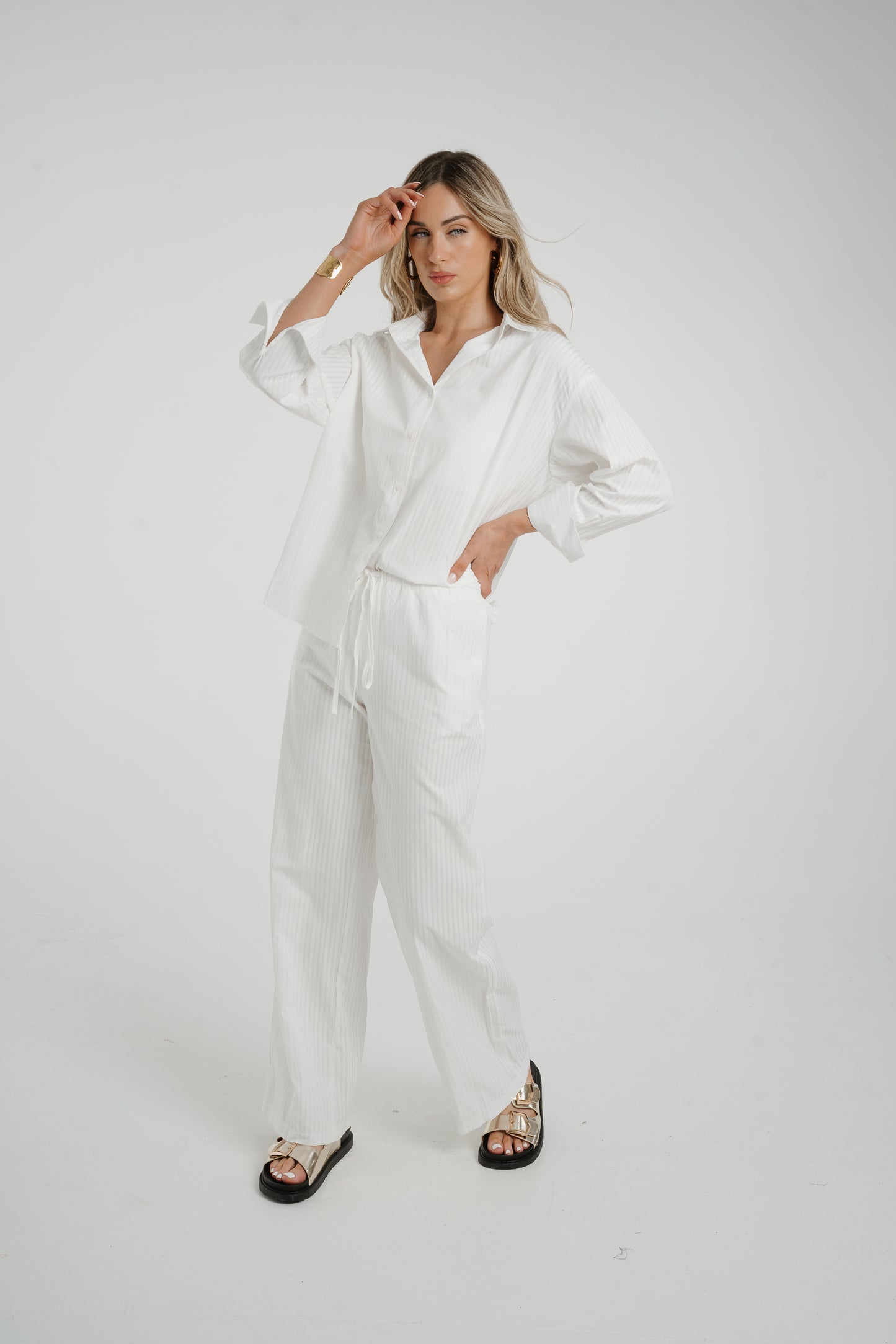 Elsa Tie Waist Pinstripe Trousers In White