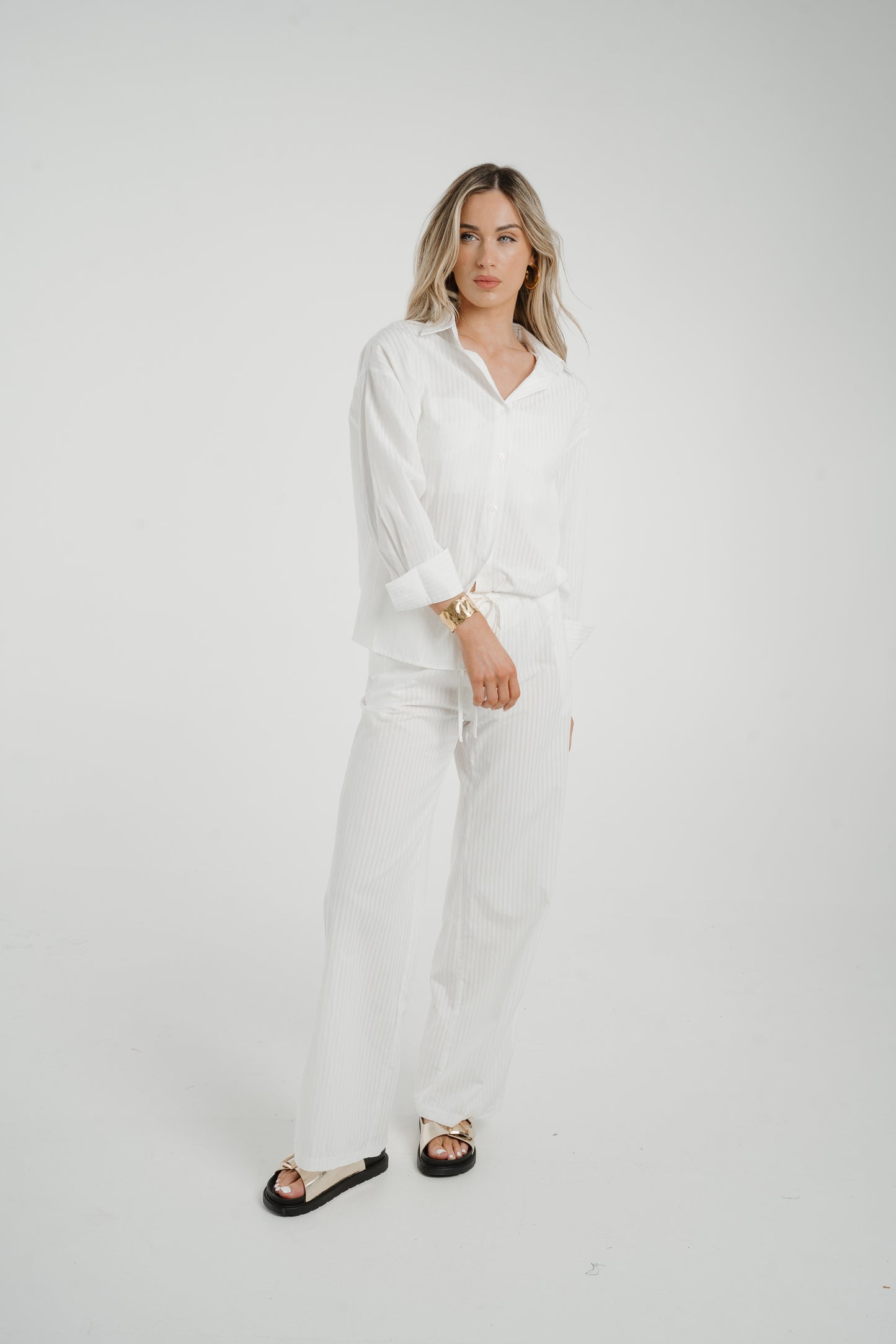Elsa Tie Waist Pinstripe Trousers In White