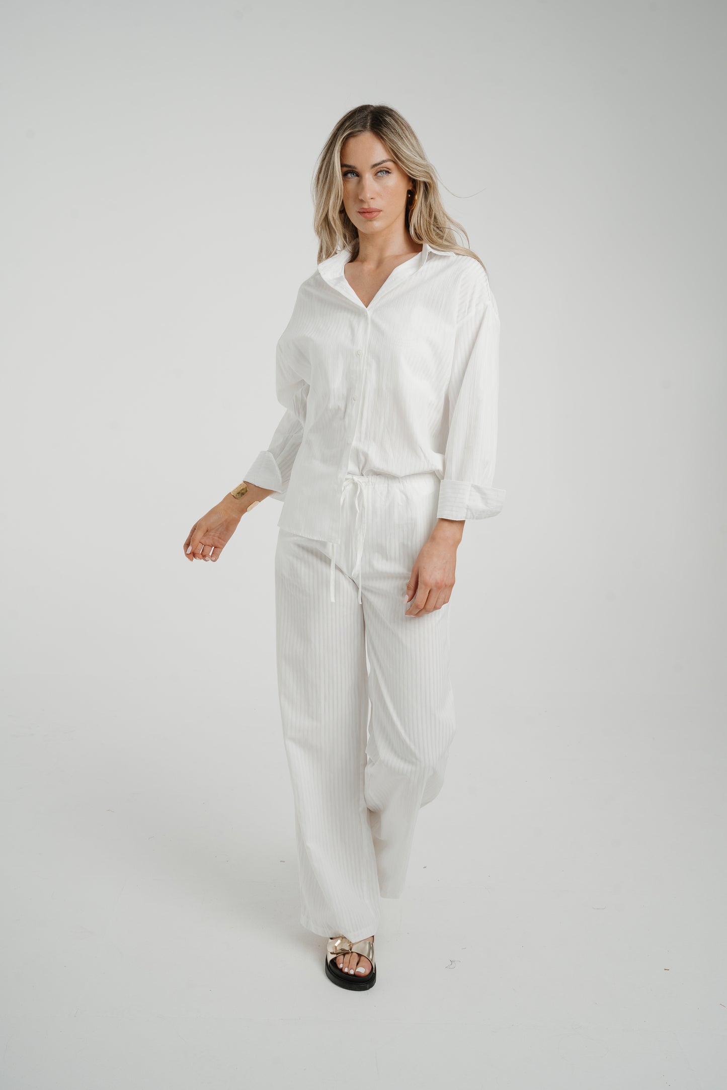 Elsa Tie Waist Pinstripe Trousers In White