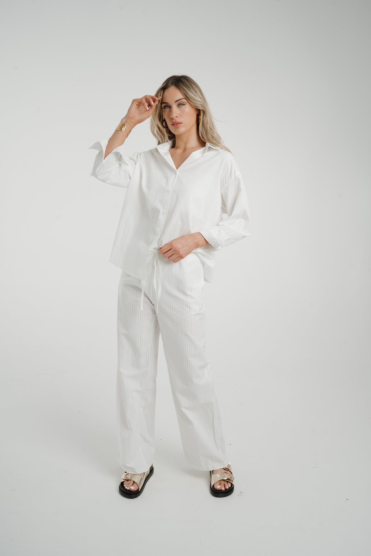 Elsa Tie Waist Pinstripe Trousers In White