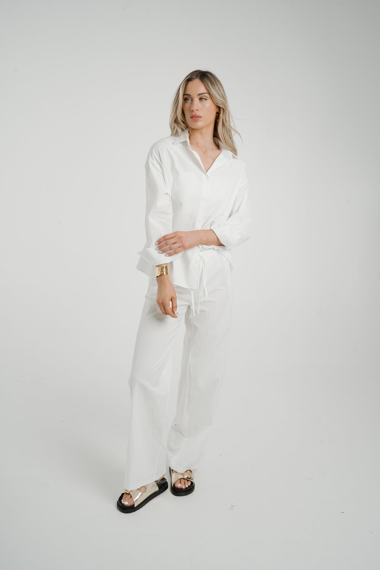 Elsa Tie Waist Pinstripe Trousers In White