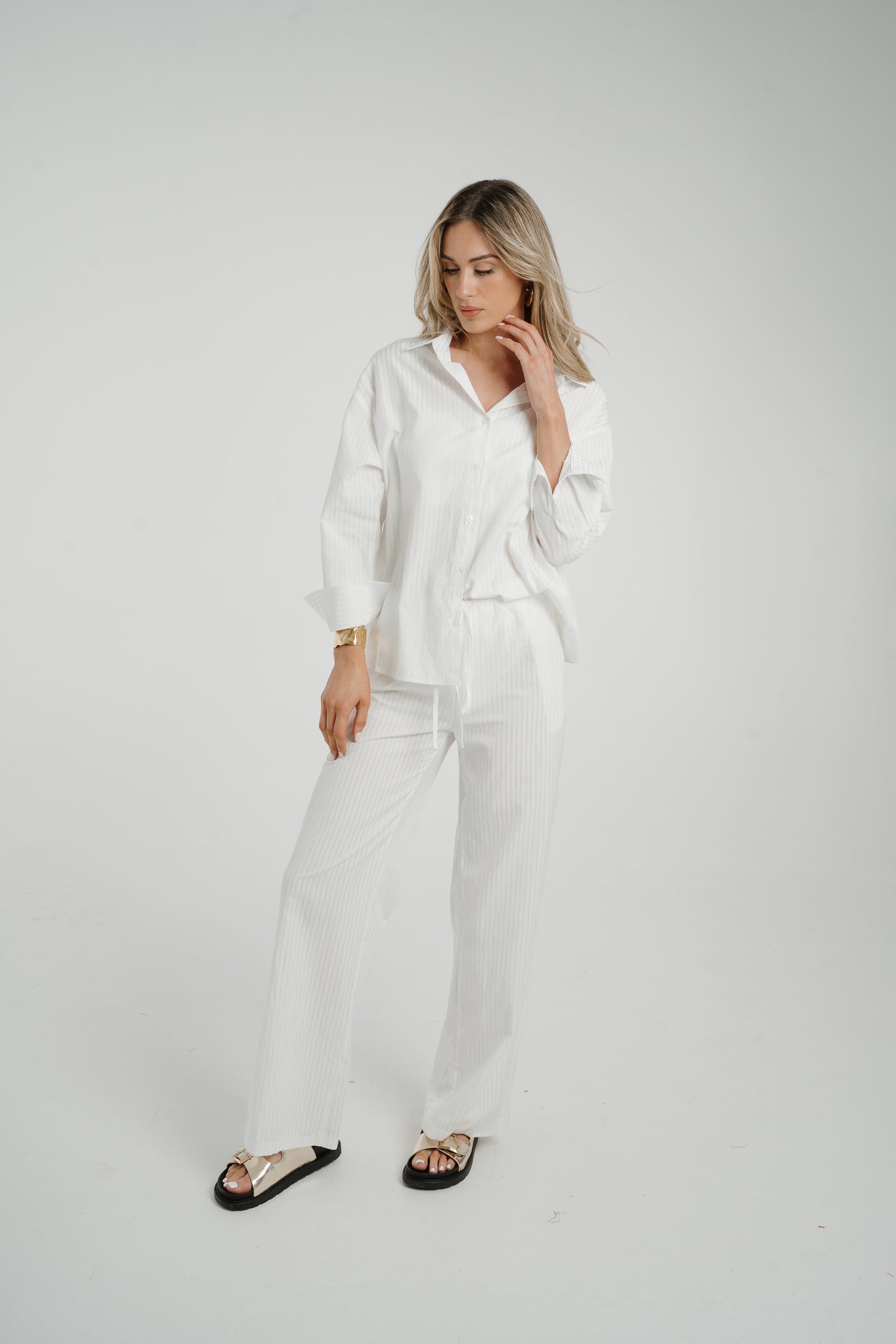 Elsa Tie Waist Pinstripe Trousers In White