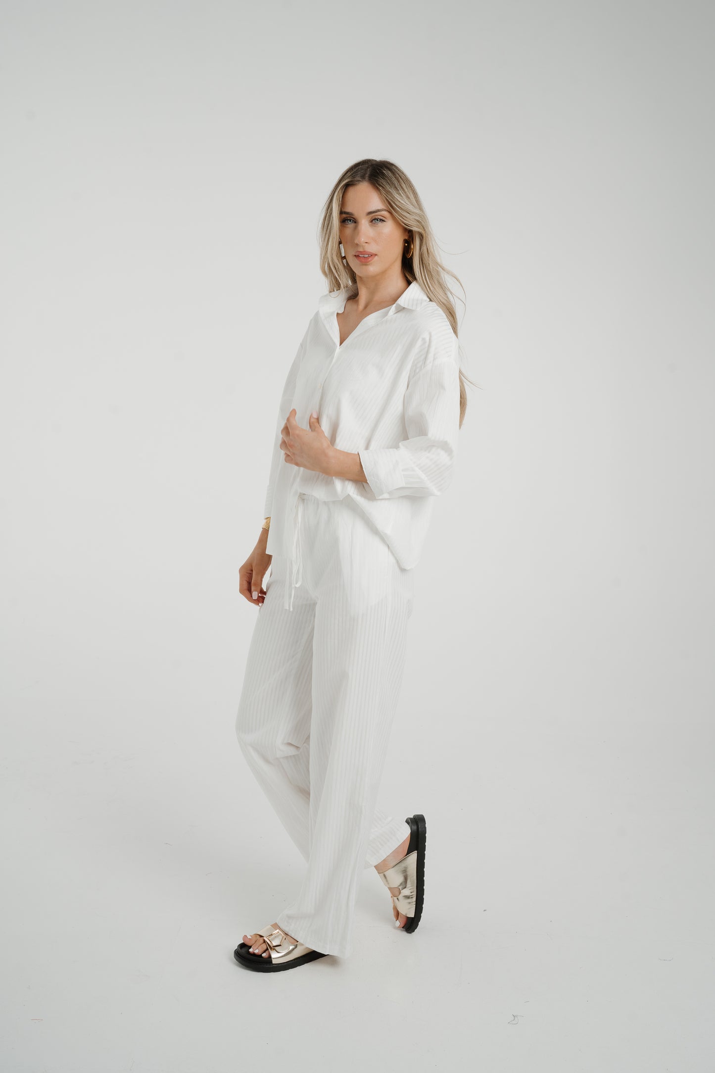 Elsa Tie Waist Pinstripe Trousers In White