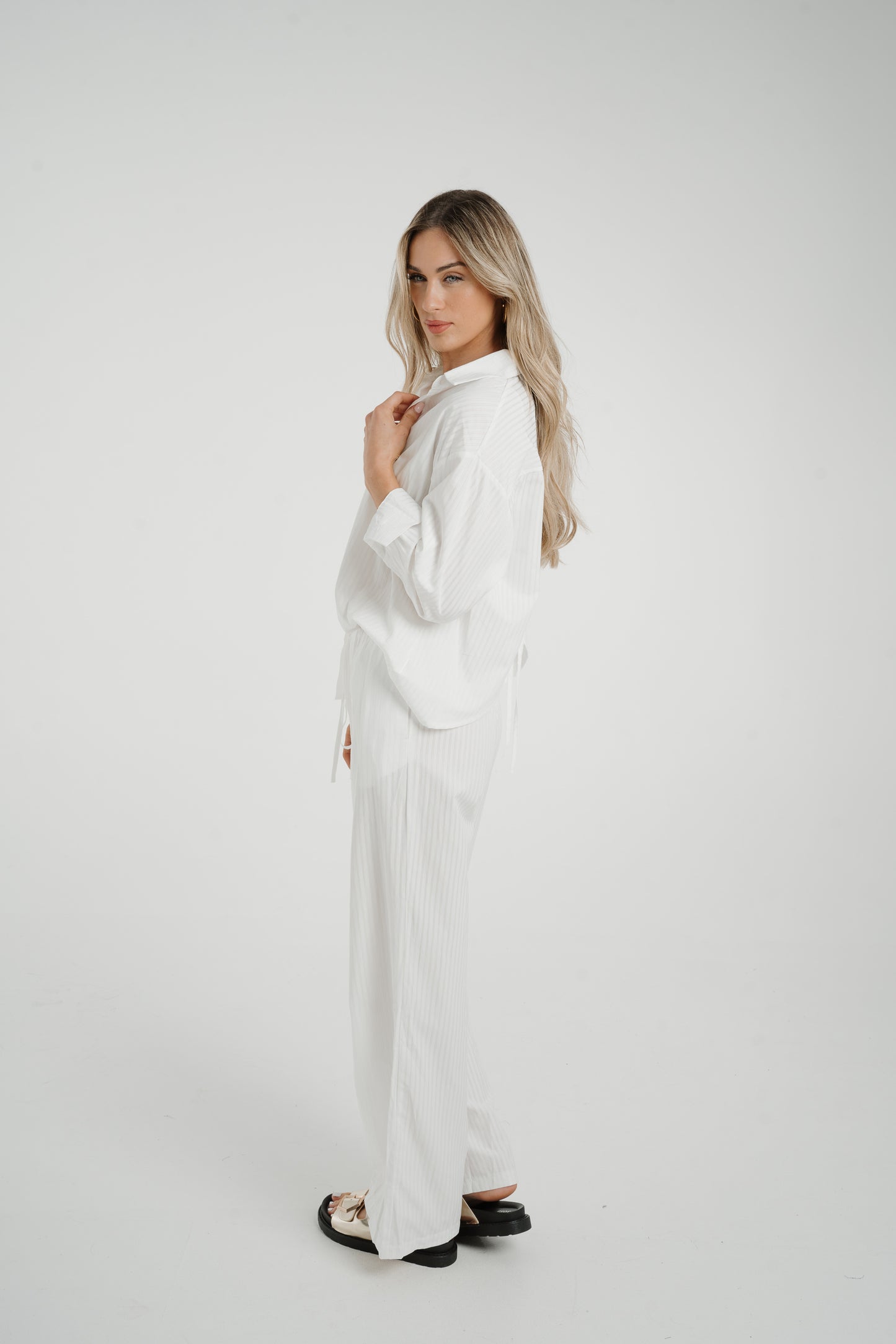 Elsa Tie Waist Pinstripe Trousers In White