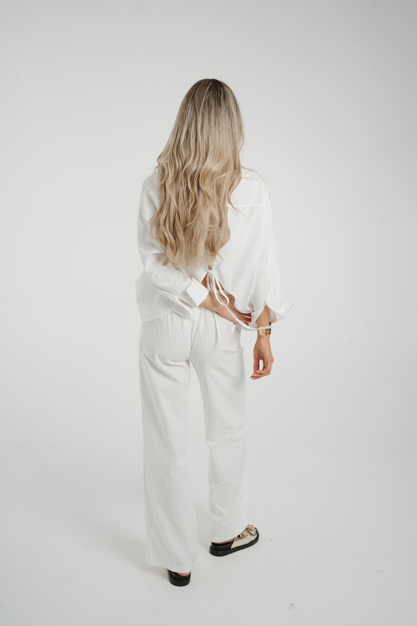 Elsa Tie Waist Pinstripe Trousers In White