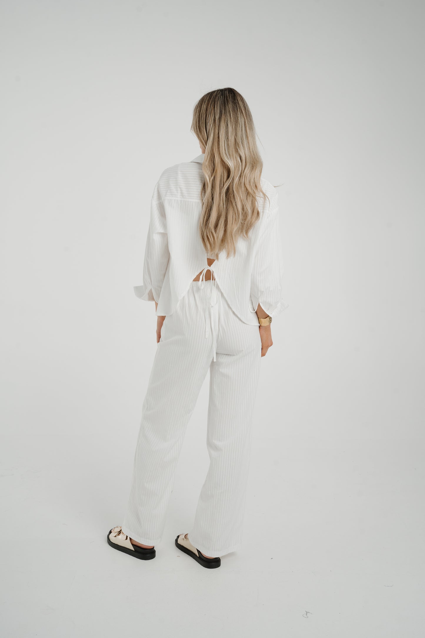 Elsa Tie Waist Pinstripe Trousers In White