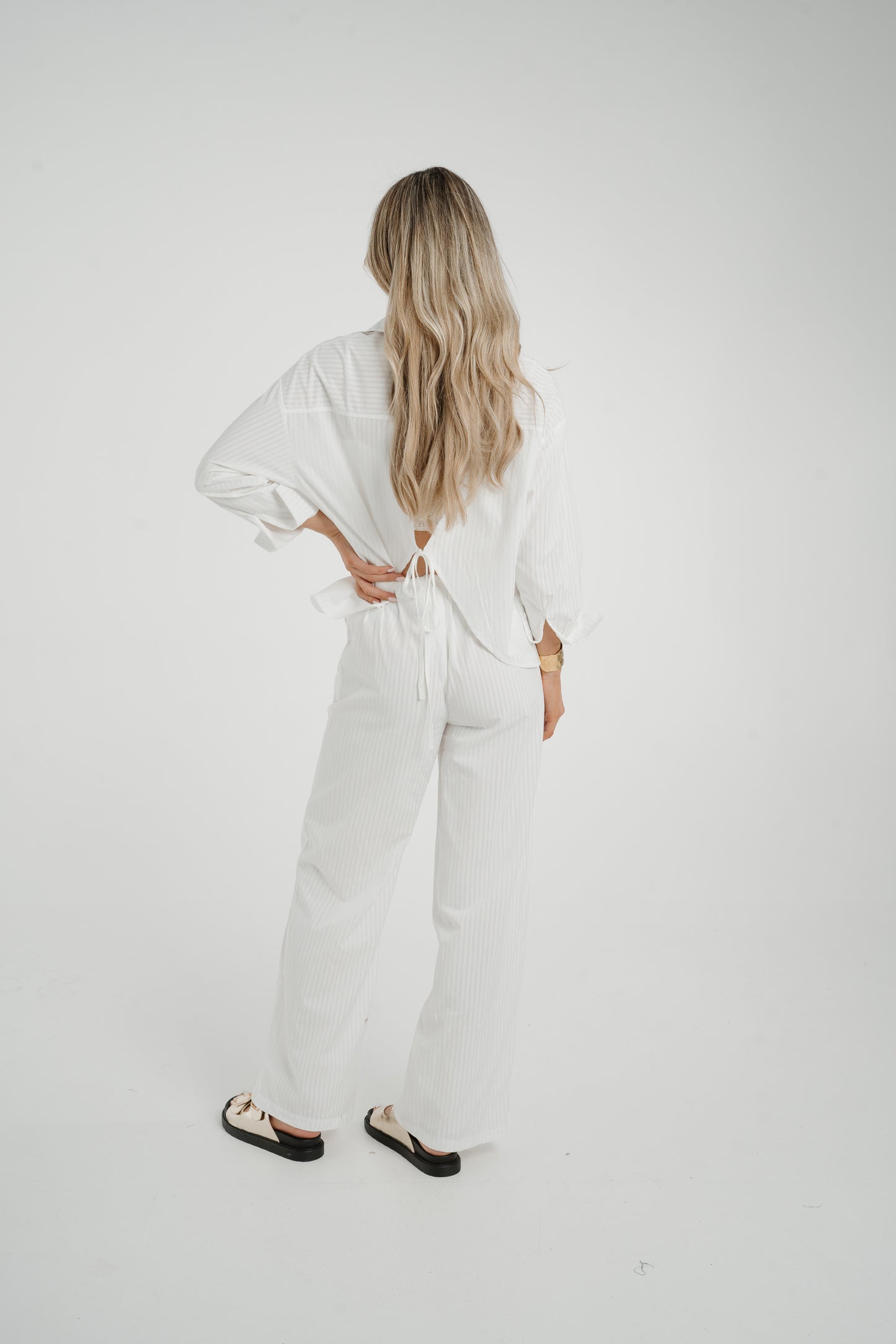Elsa Tie Waist Pinstripe Trousers In White
