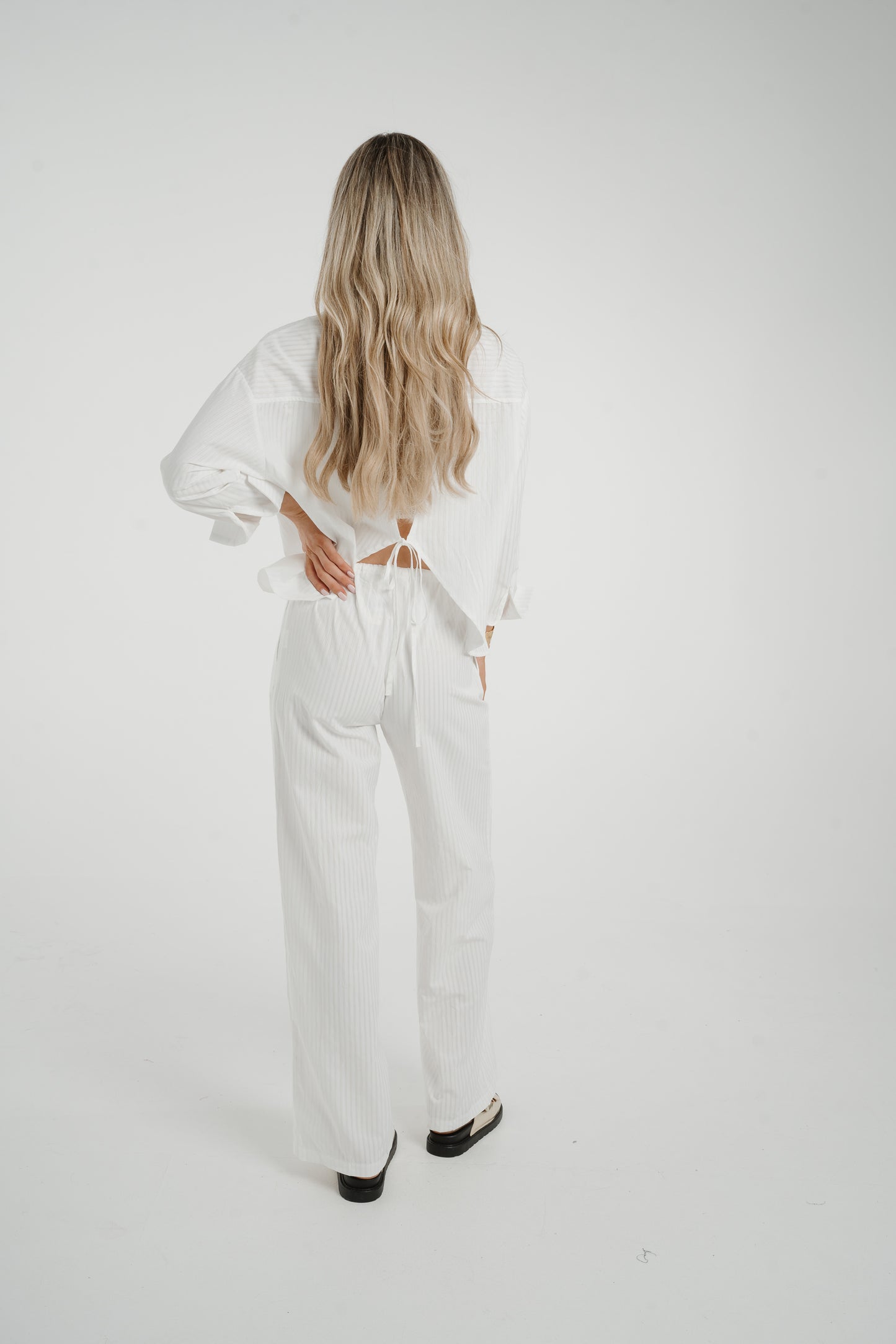 Elsa Tie Waist Pinstripe Trousers In White