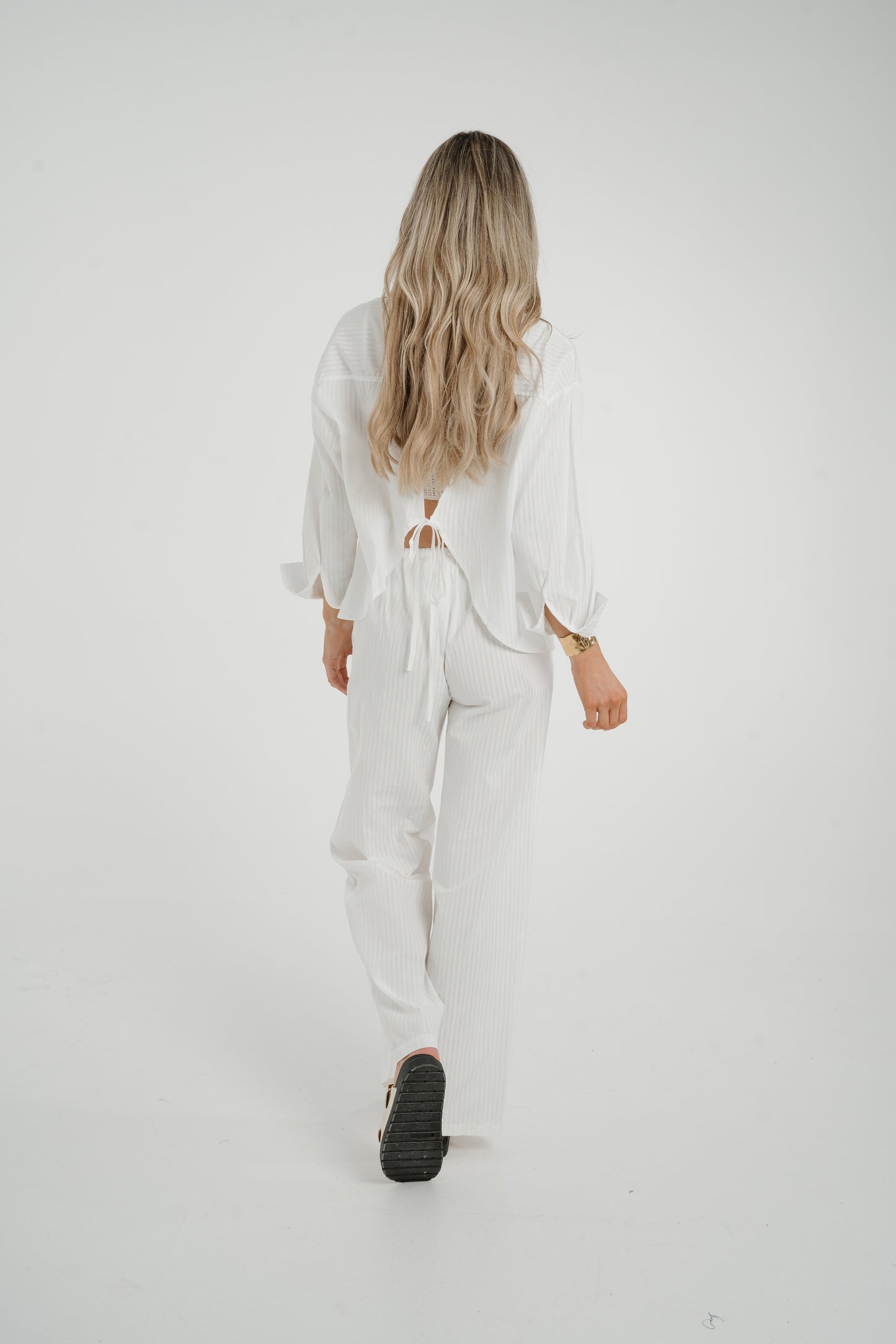 Elsa Tie Waist Pinstripe Trousers In White