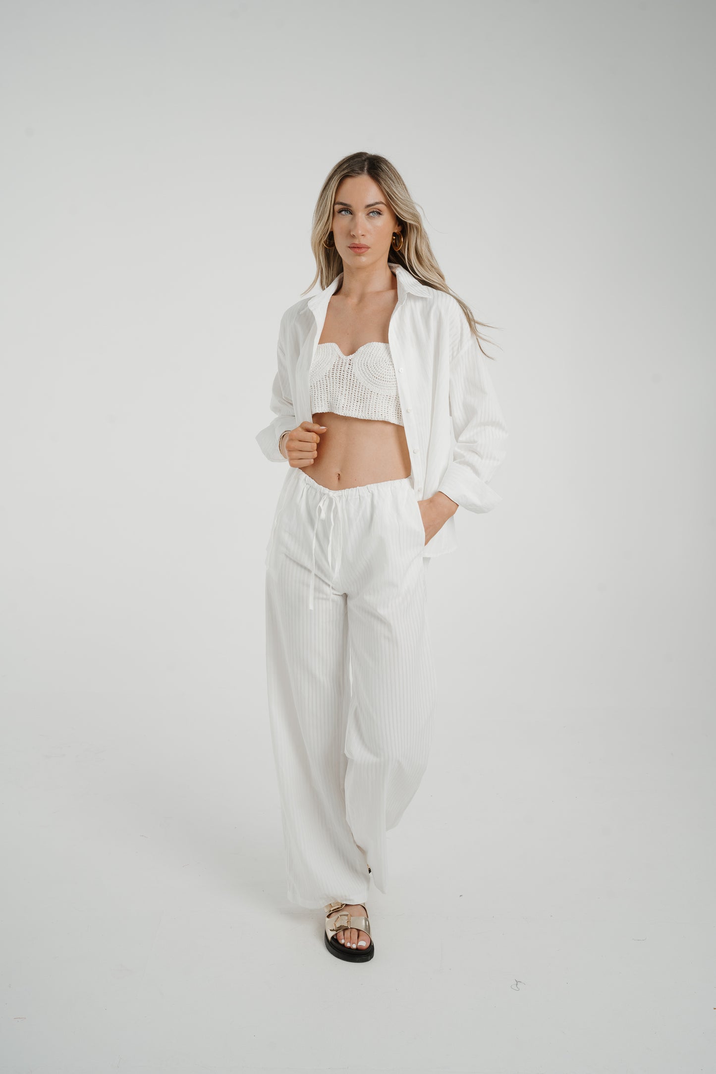 Elsa Tie Waist Pinstripe Trousers In White