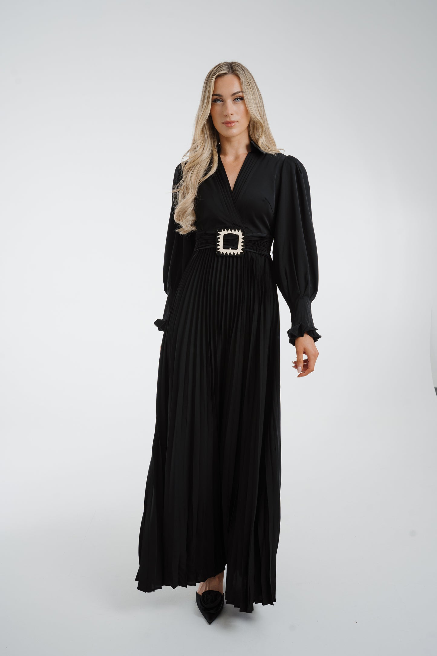 Taylor Belted Pleat Dress In Black
