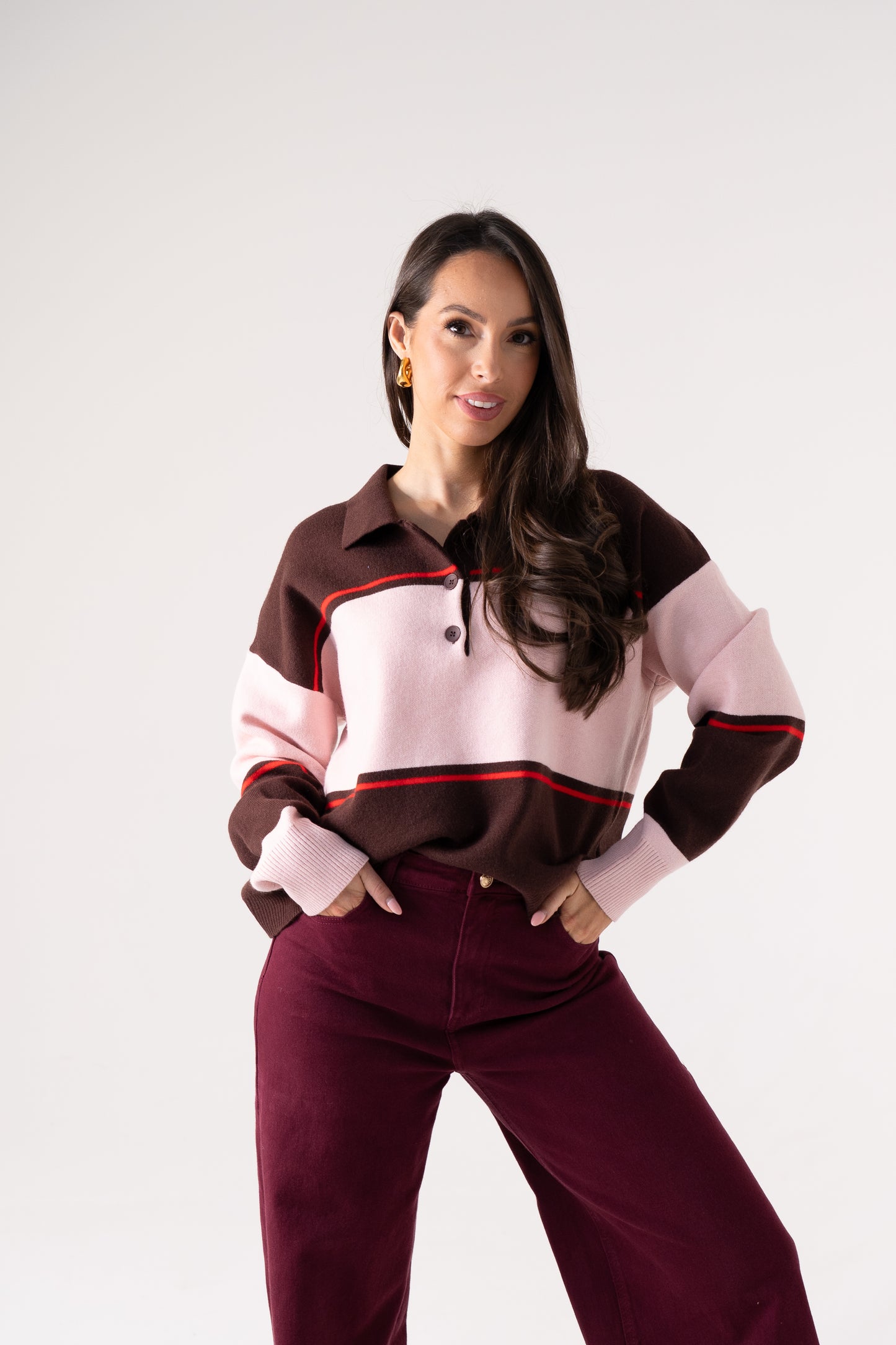 Kendra Rugby Top In Coffee & Pink