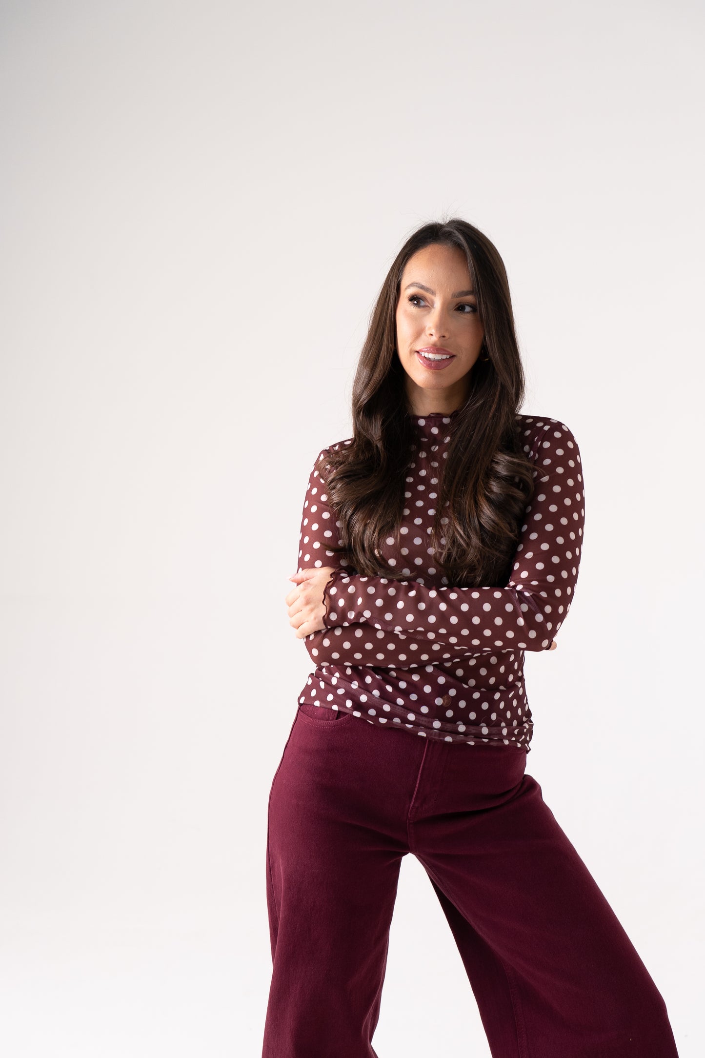 Kendra Polka Dot Top In Burgundy