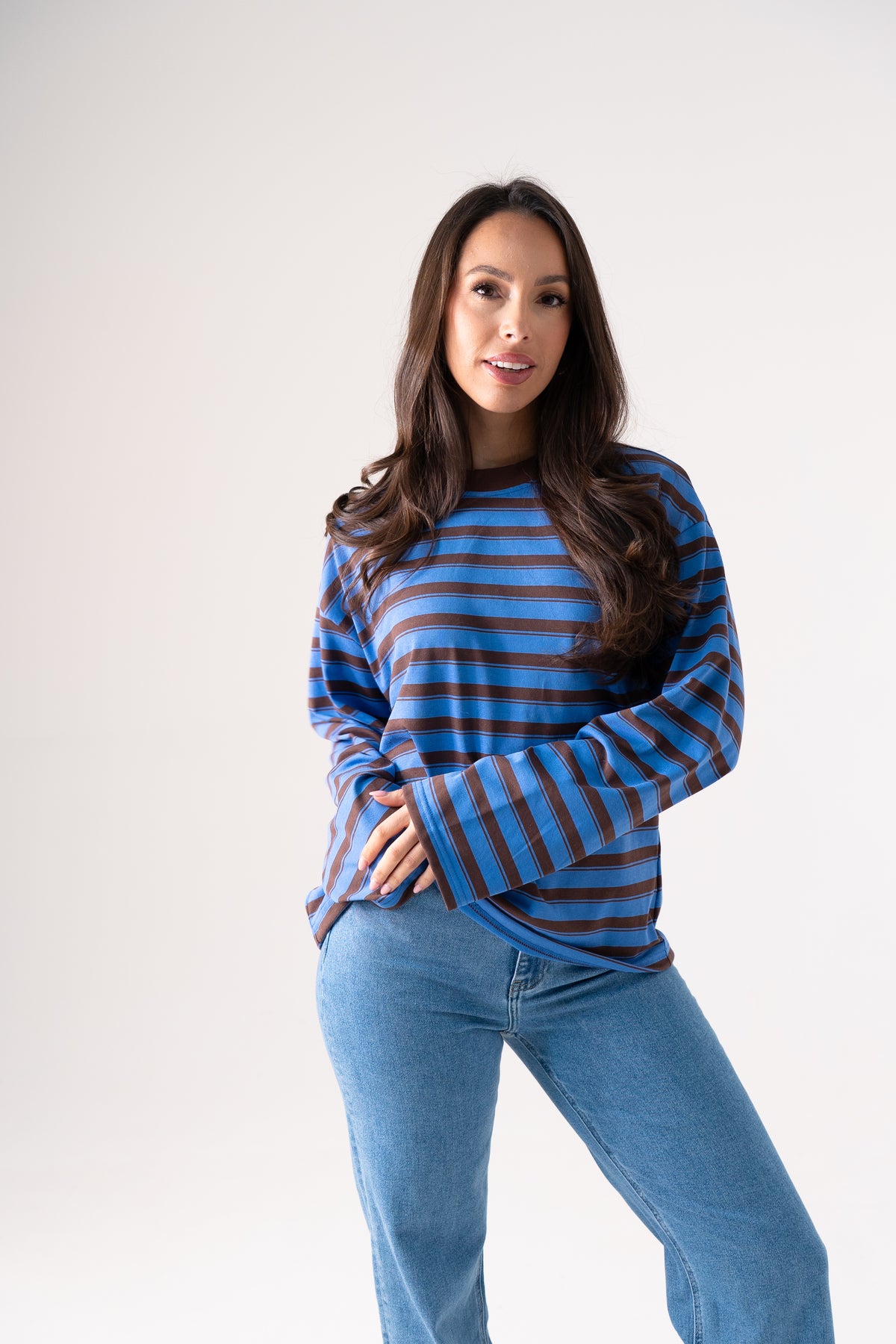 Kendra Long Sleeve Top In Blue Stripe
