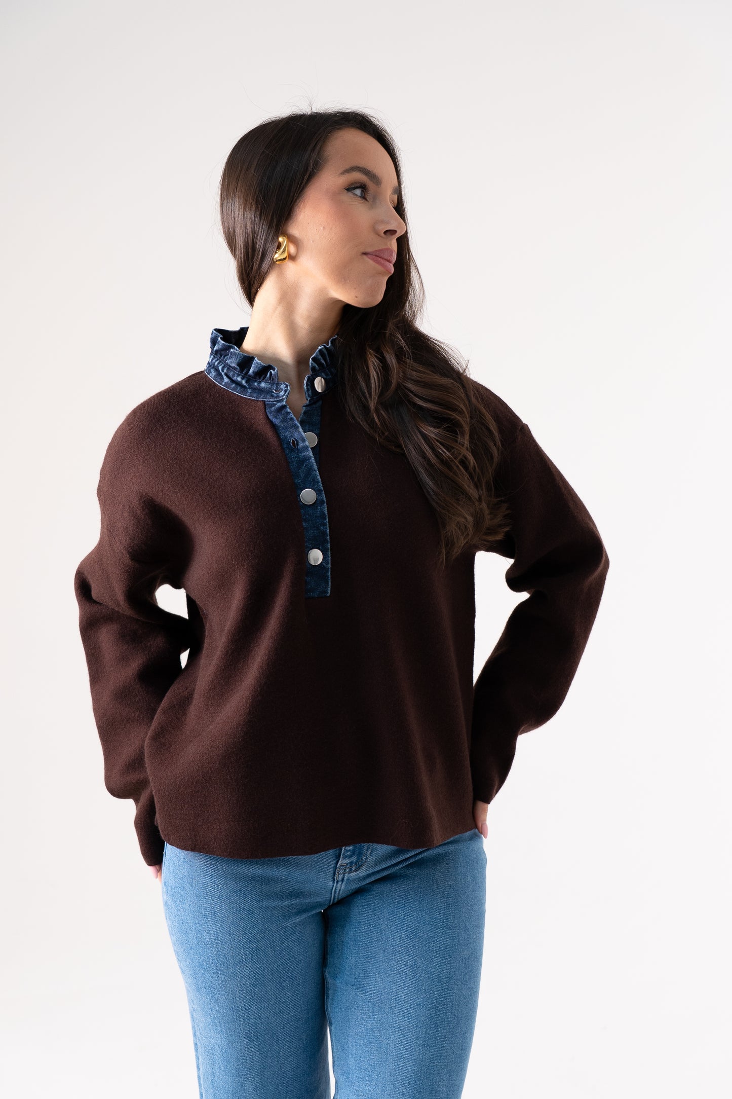 Kendra Denim Collar Jumper In Coffee