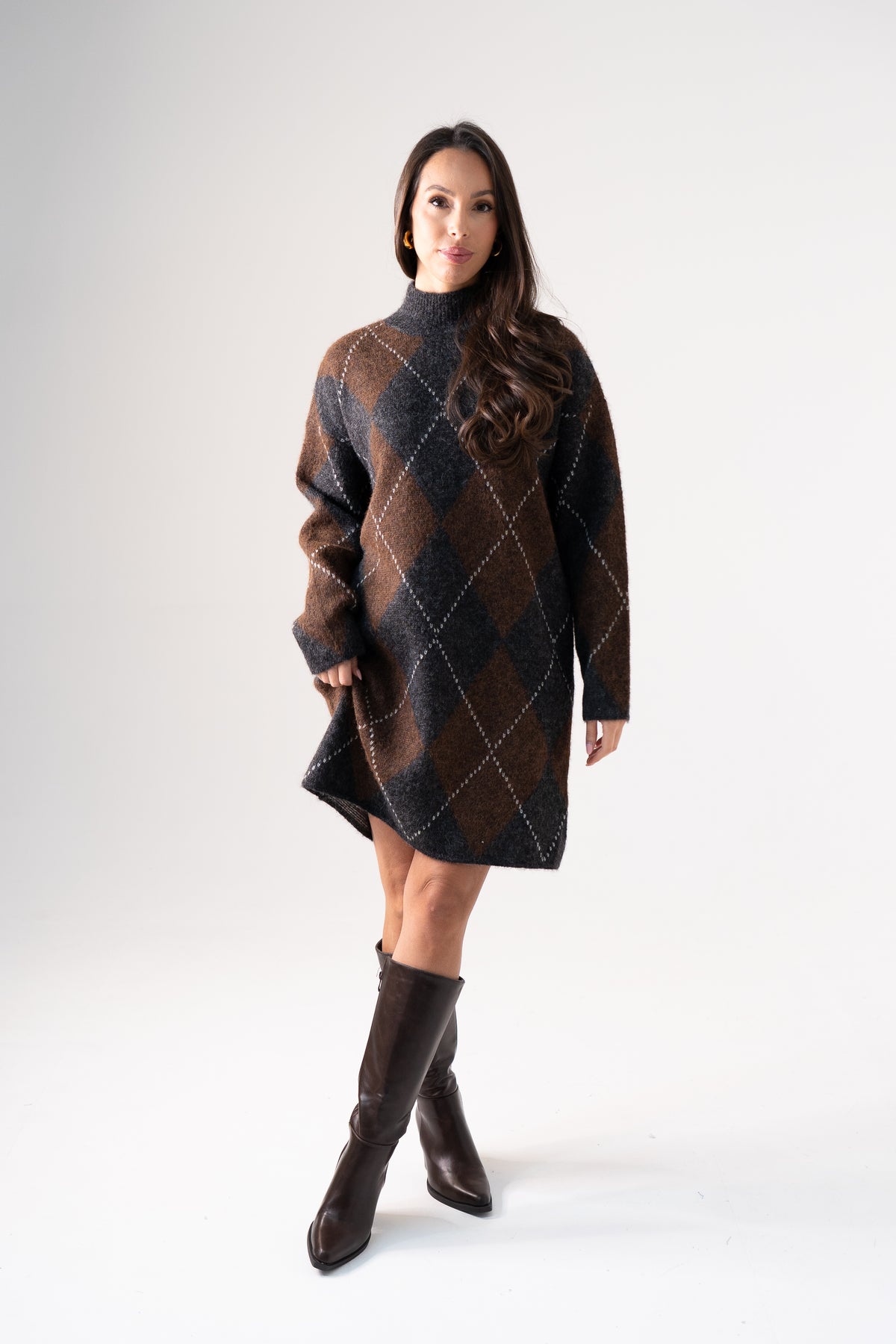 Kendra Diamond Knit Jumper Dress In Grey Mix