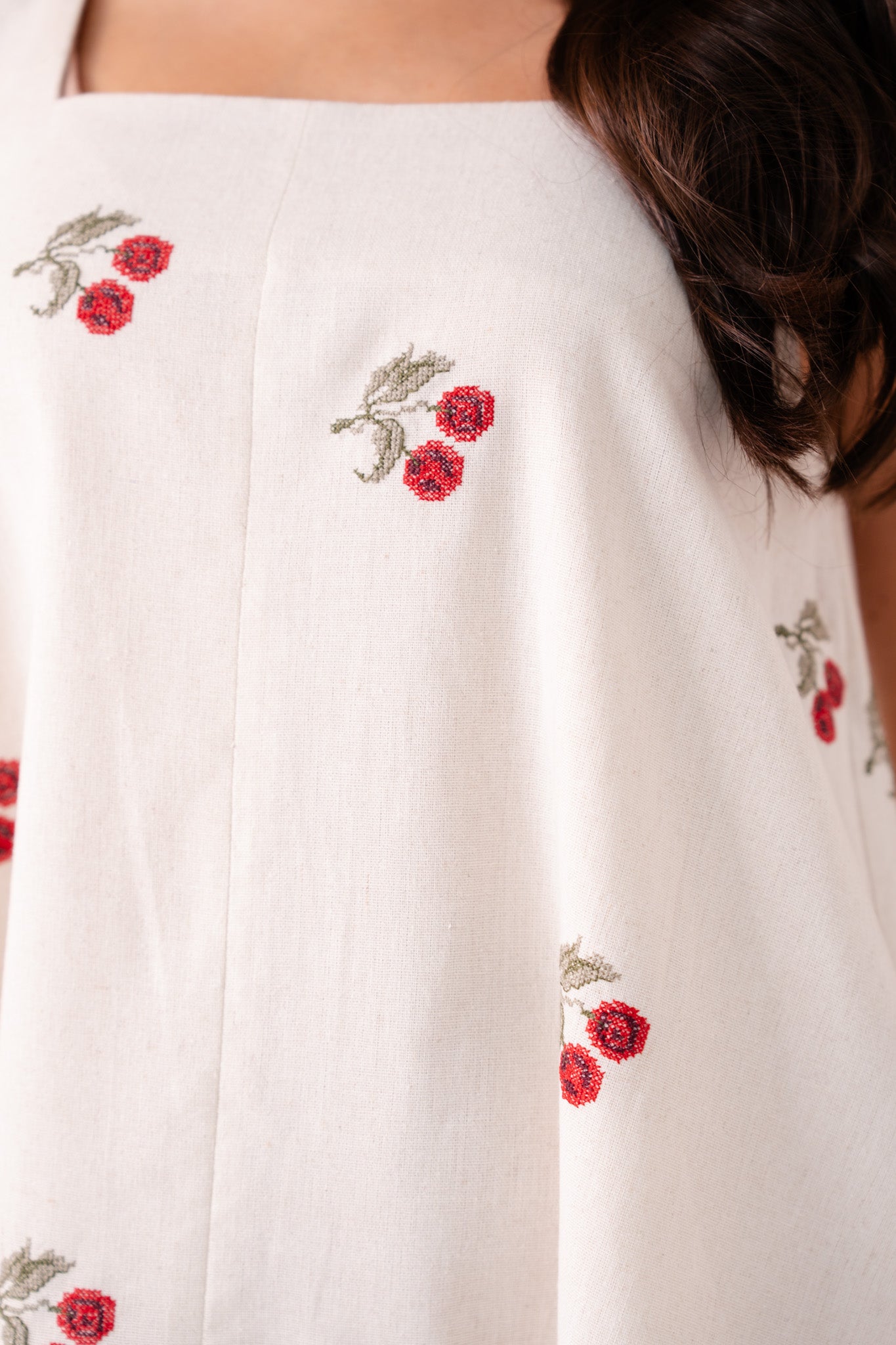 Daisy Cherry Embroidered Dress In Cream