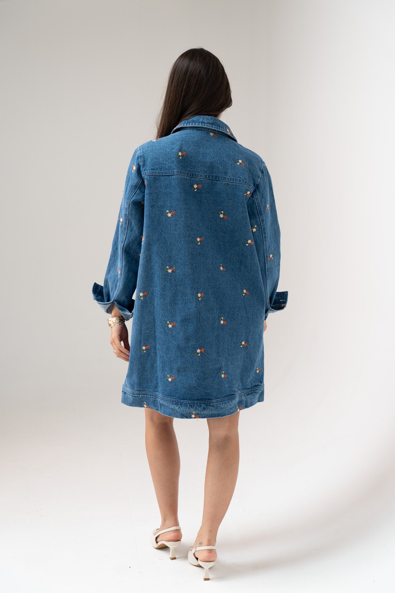 Daisy Floral Denim Shirt Dress In Mid Wash