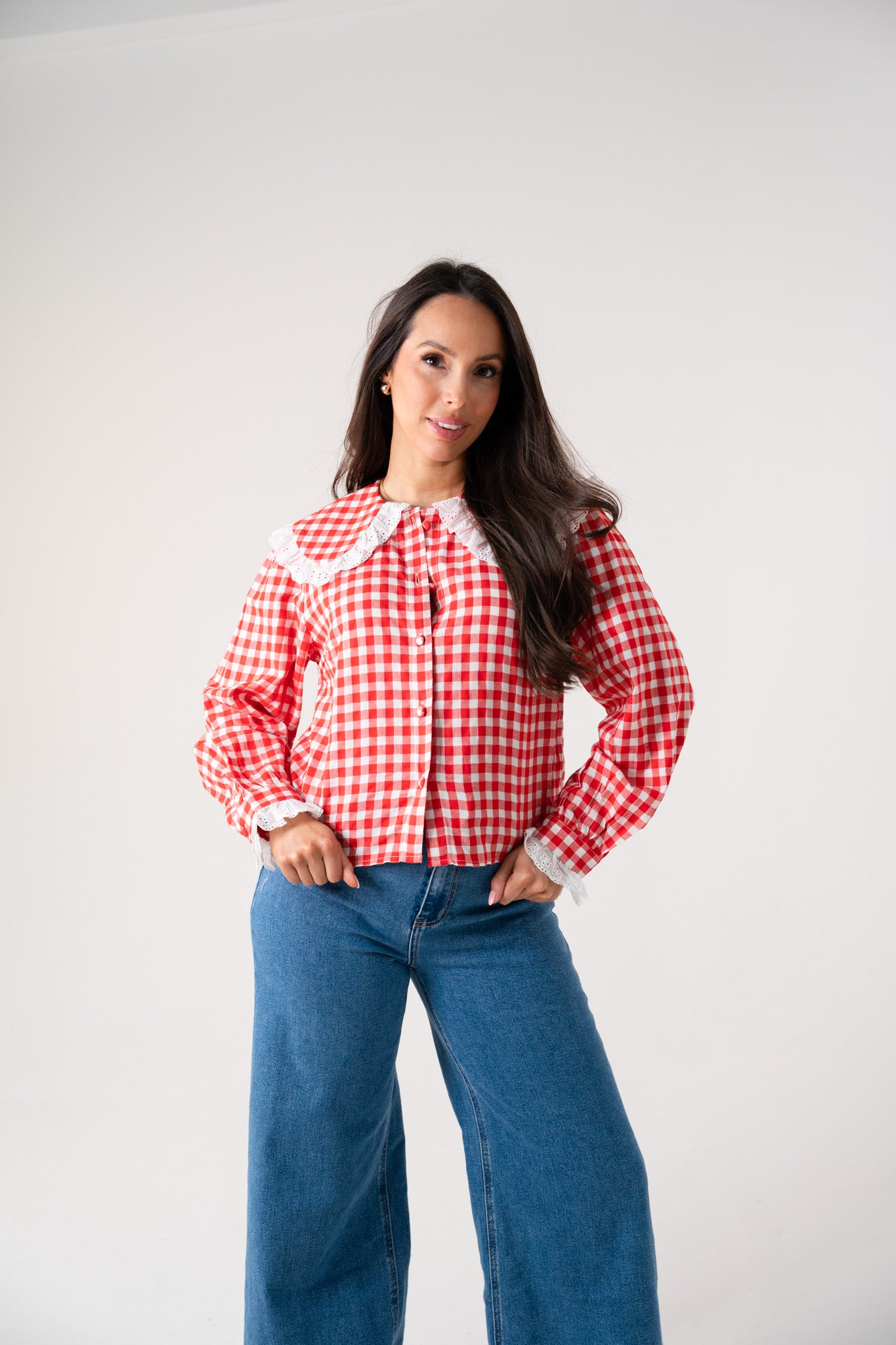 Daisy Frill Collar Gingham Shirt In Red