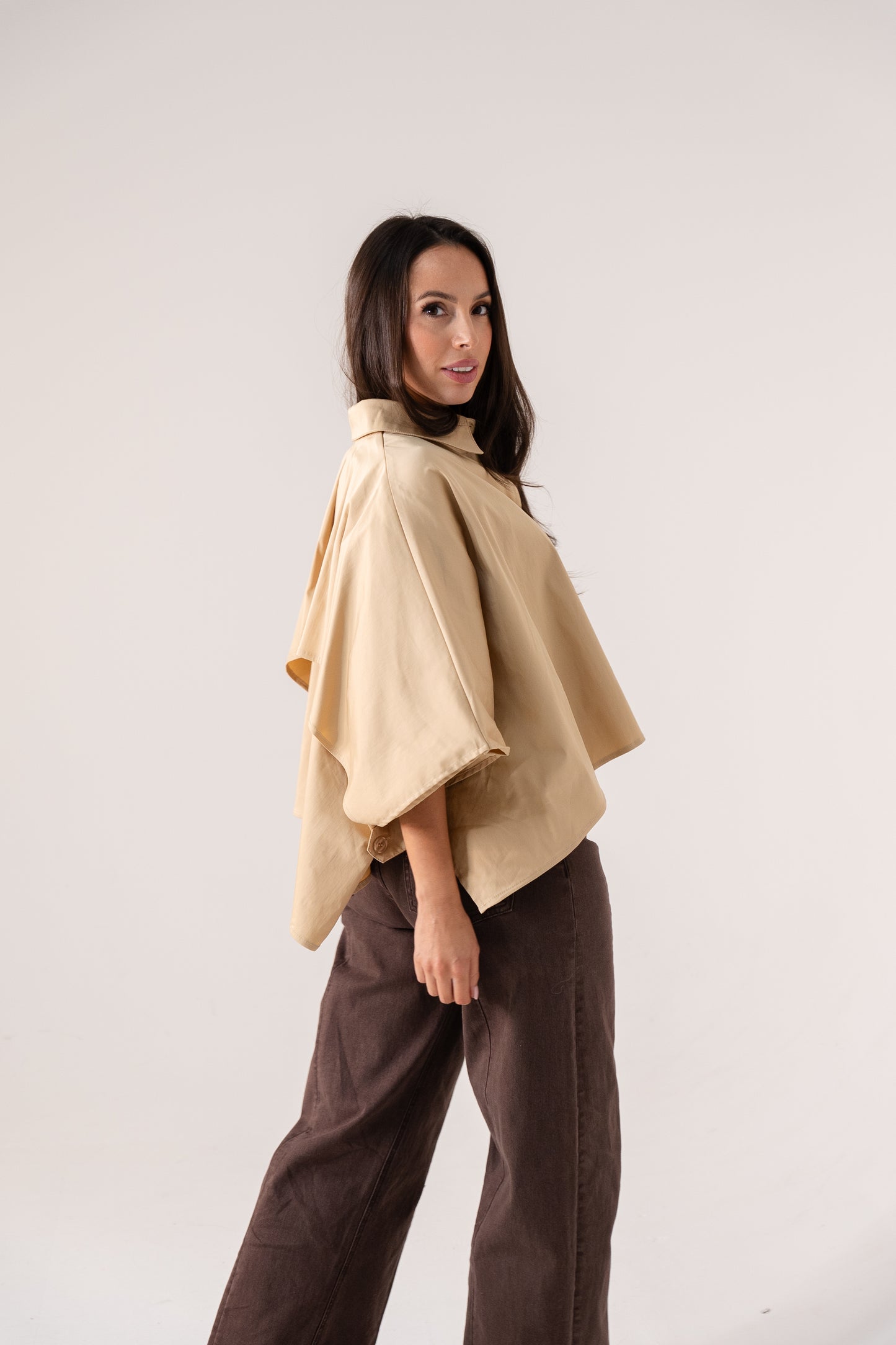 Ella Cape Style Shirt In Beige