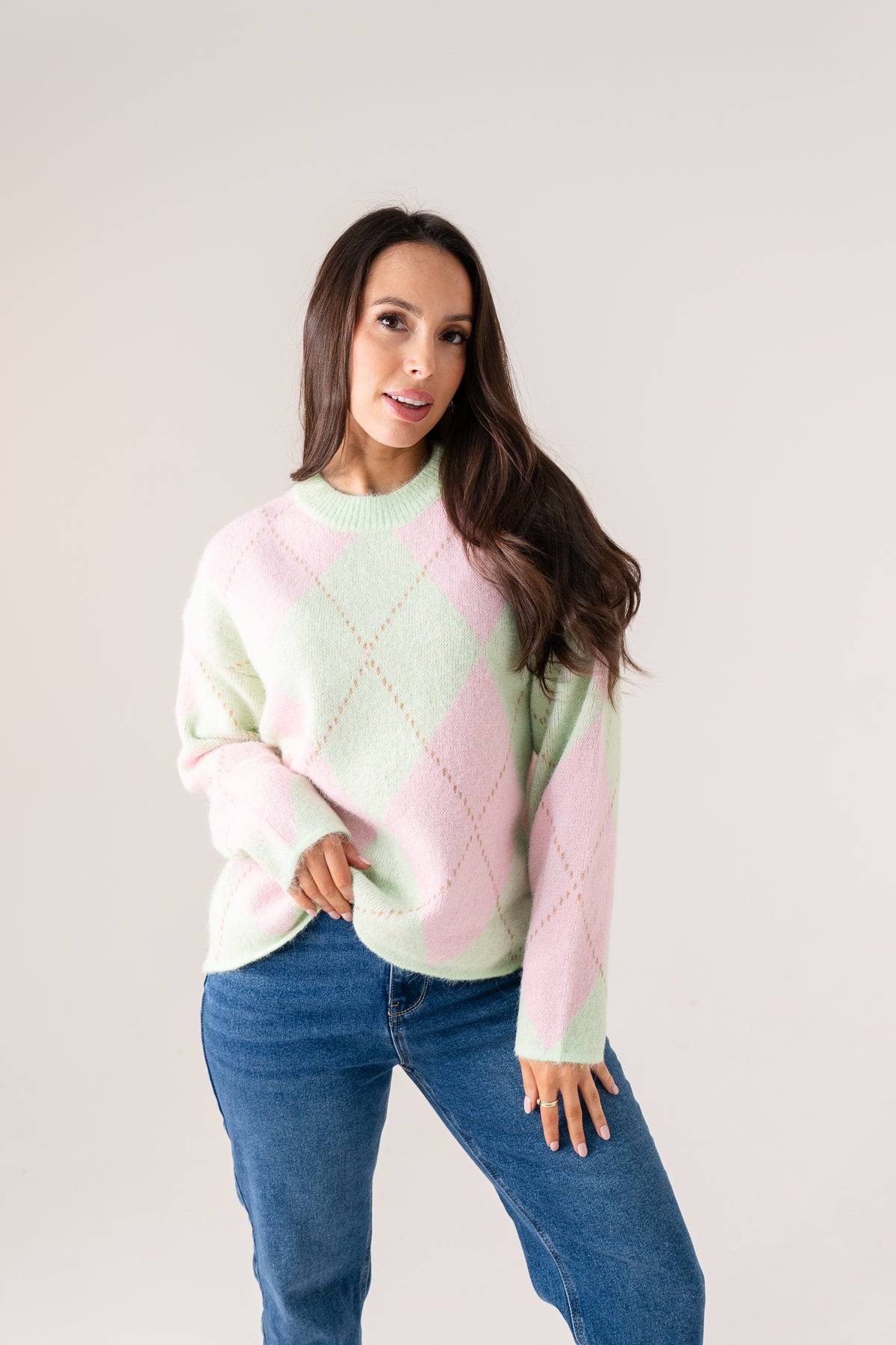 Ella Diamond Knit Jumper In Green Mix