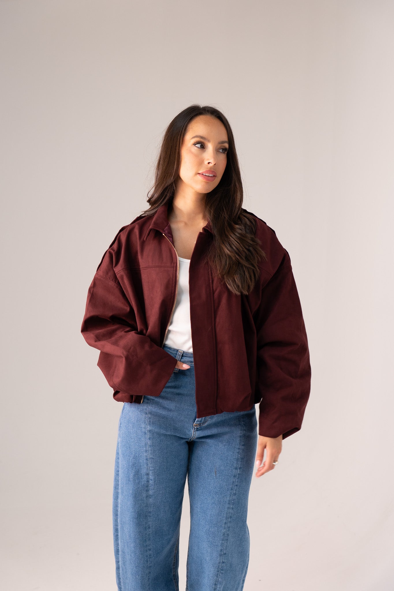Ella Faux Suede Bomber Jacket In Burgundy