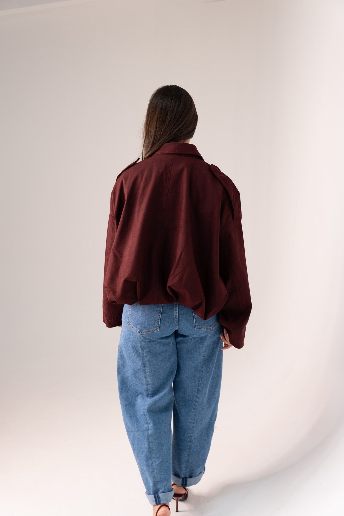Ella Faux Suede Bomber Jacket In Burgundy
