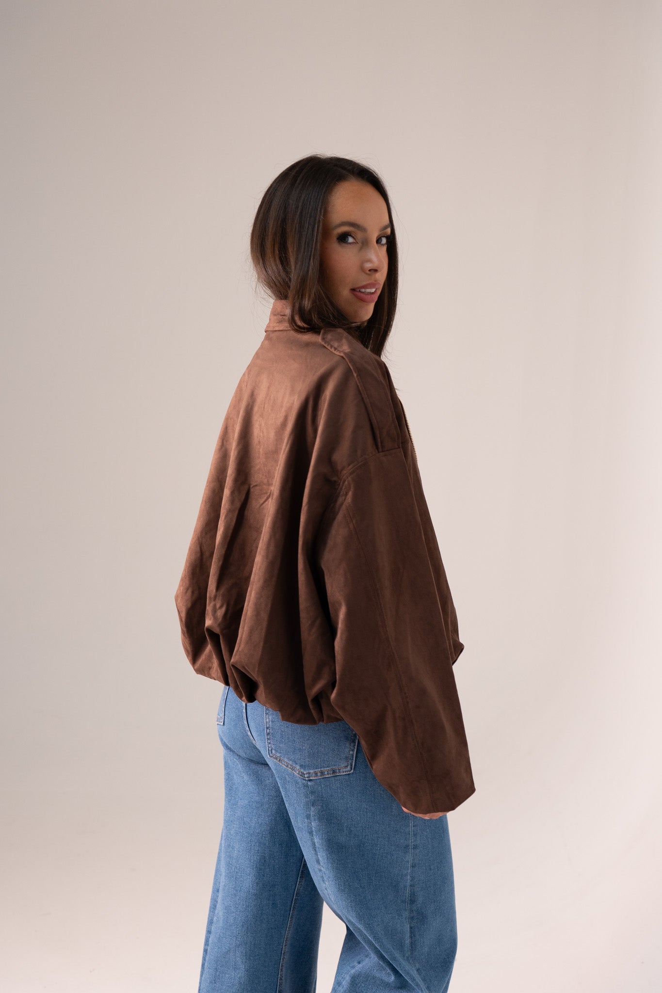 Ella Faux Suede Bomber Jacket In Chocolate