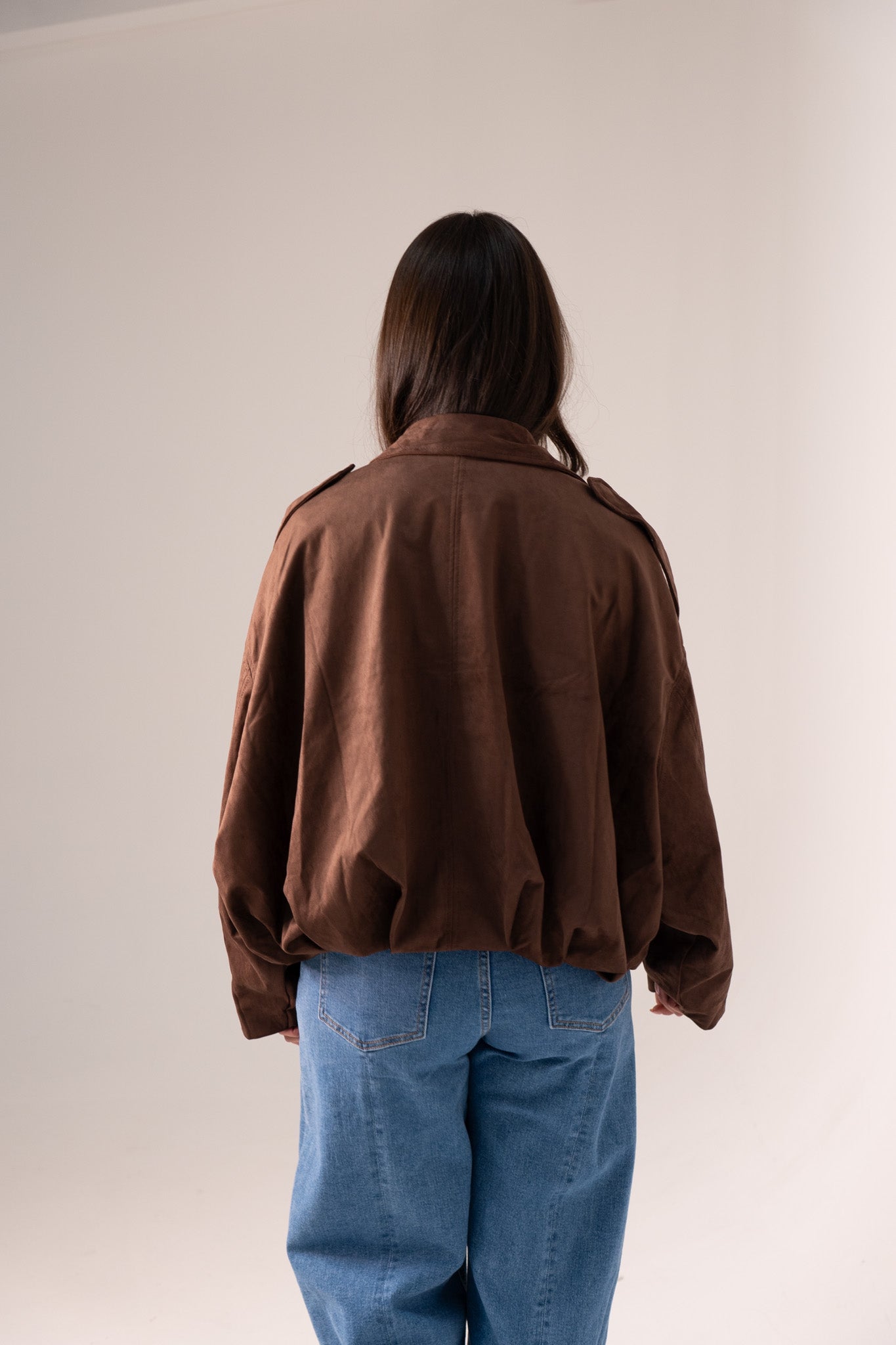 Ella Faux Suede Bomber Jacket In Chocolate