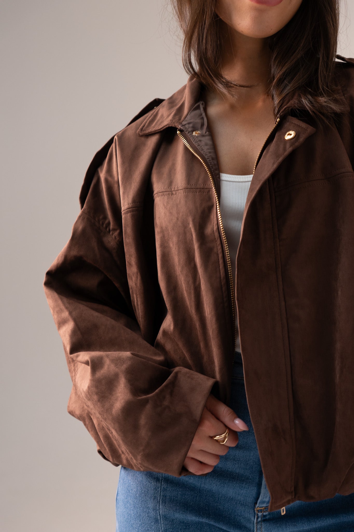 Ella Faux Suede Bomber Jacket In Chocolate