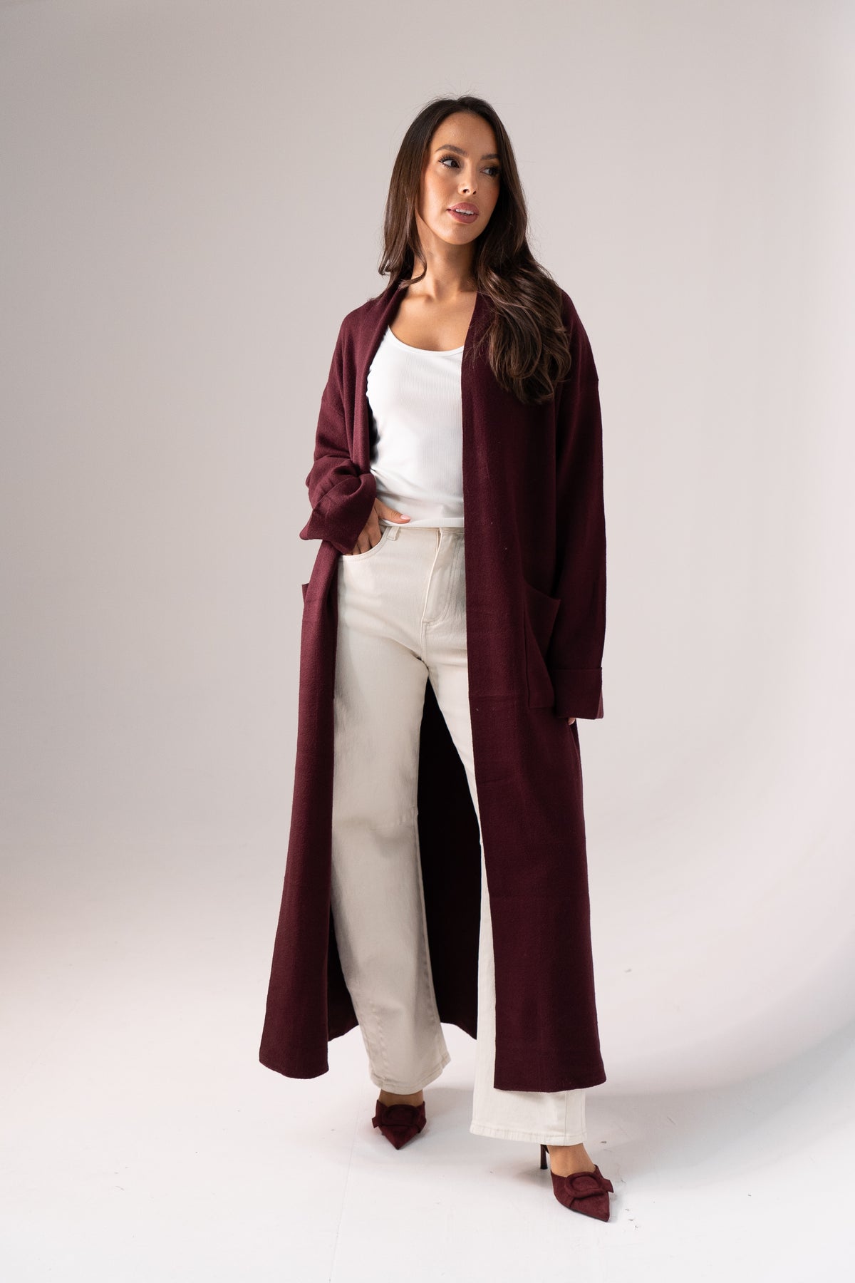 Ella Longline Cardigan In Wine