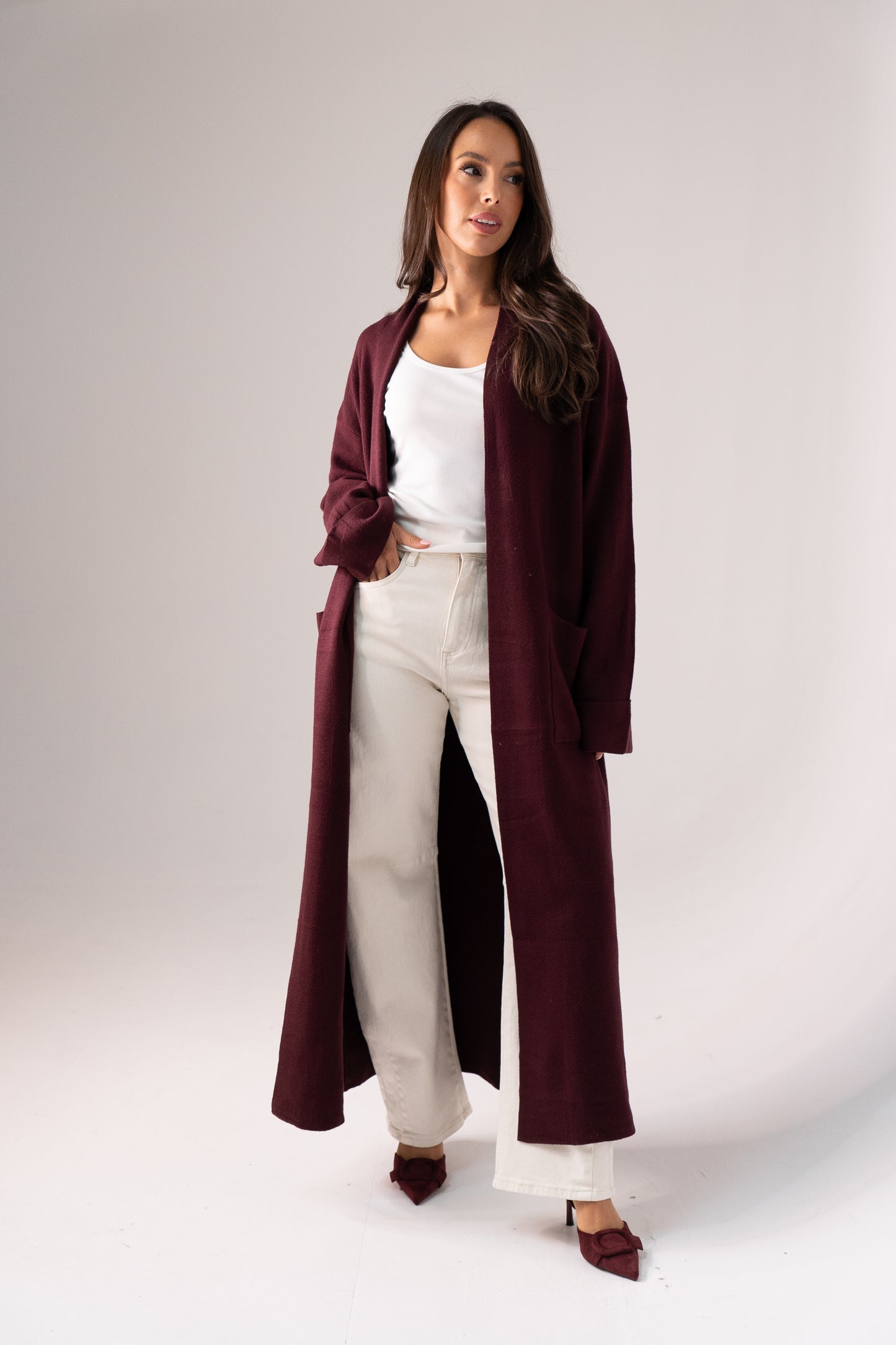 Ella Longline Cardigan In Wine
