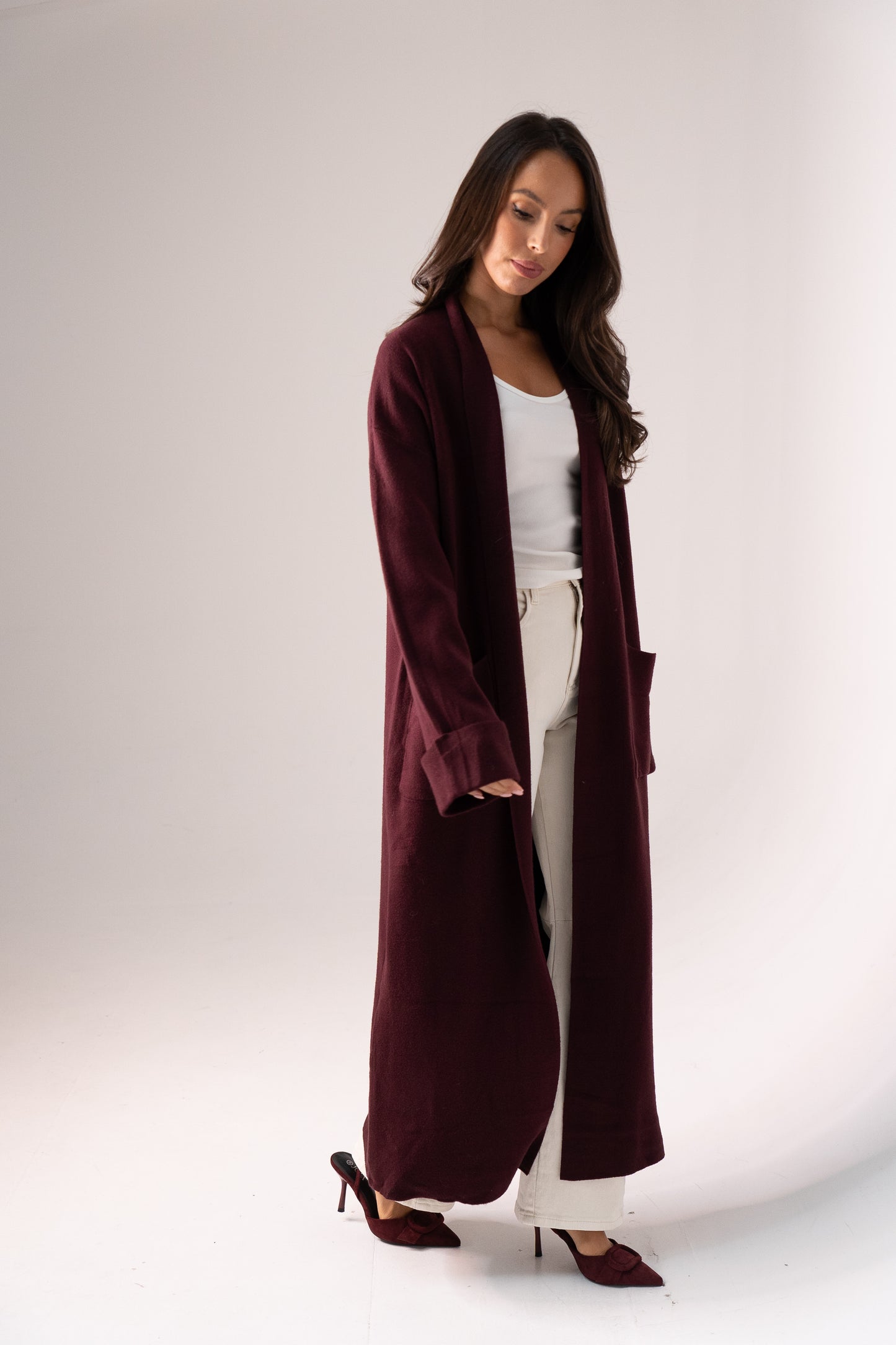 Ella Longline Cardigan In Wine