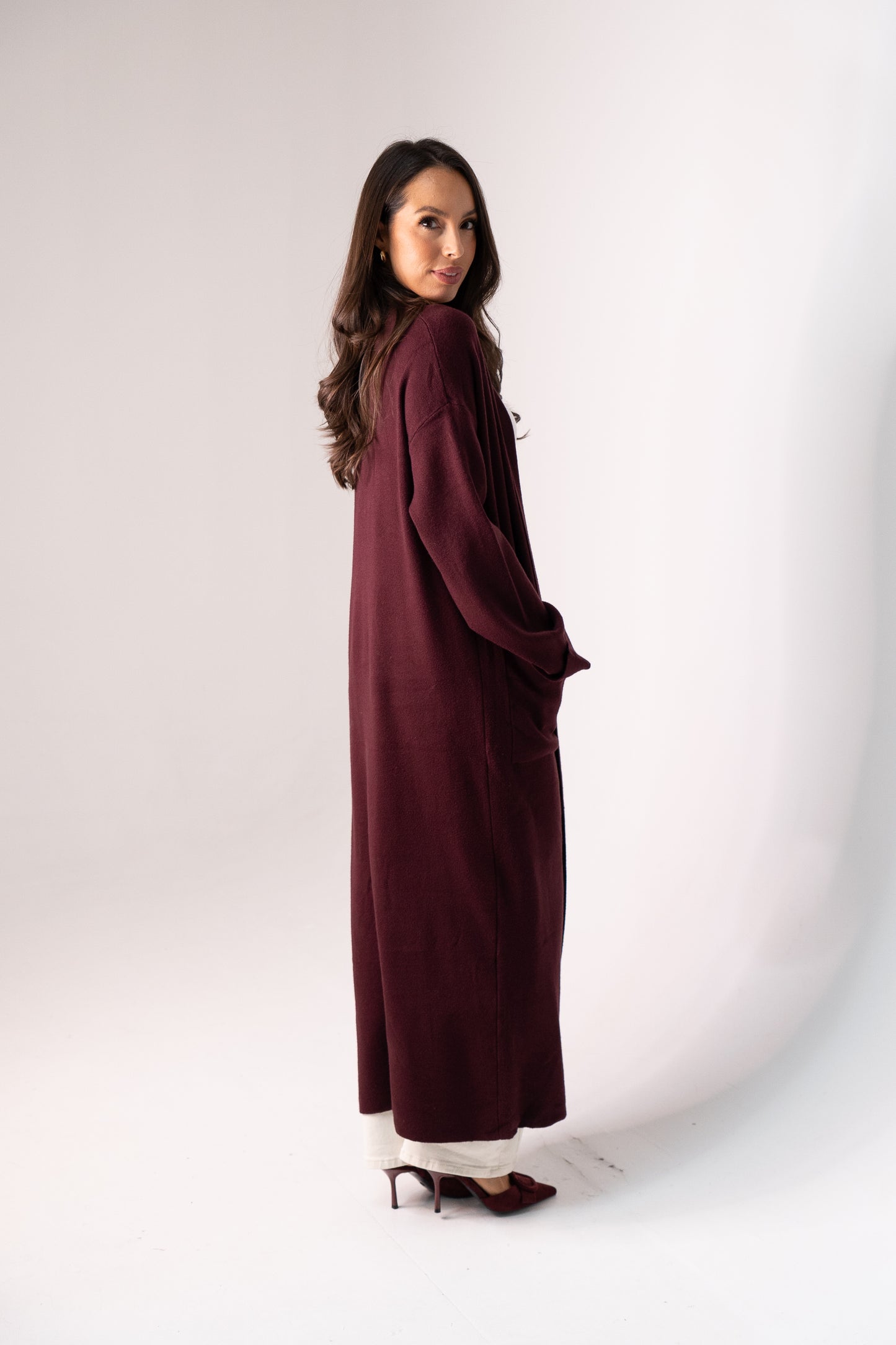 Ella Longline Cardigan In Wine