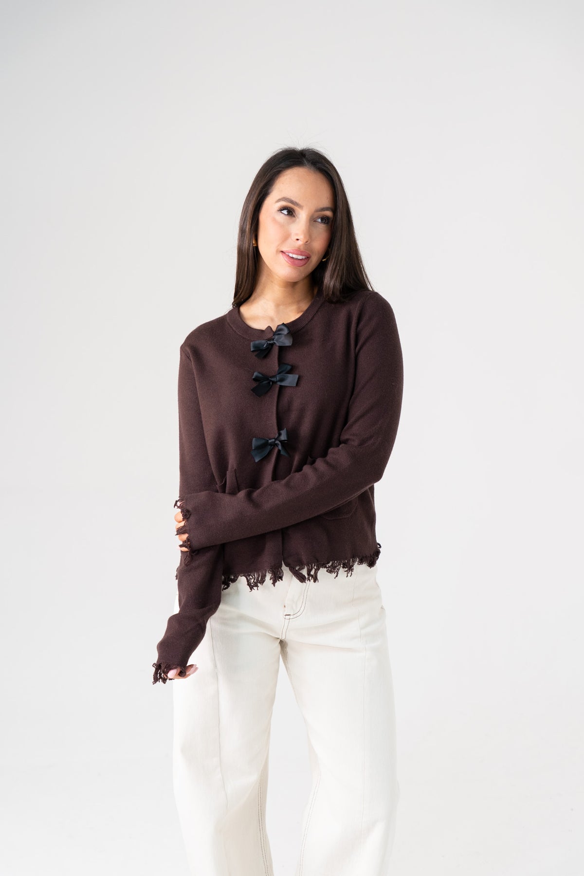 Elsa Bow Front Cardigan In Chocolate