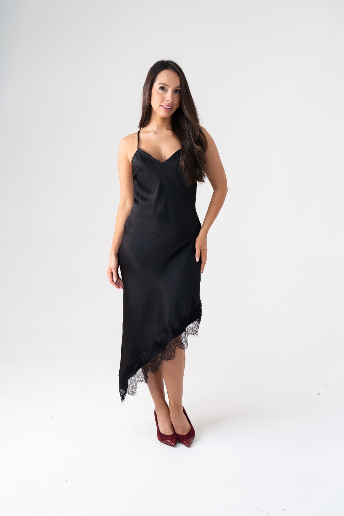 Ella Asymmetric Lace Trim Cami Dress In Black
