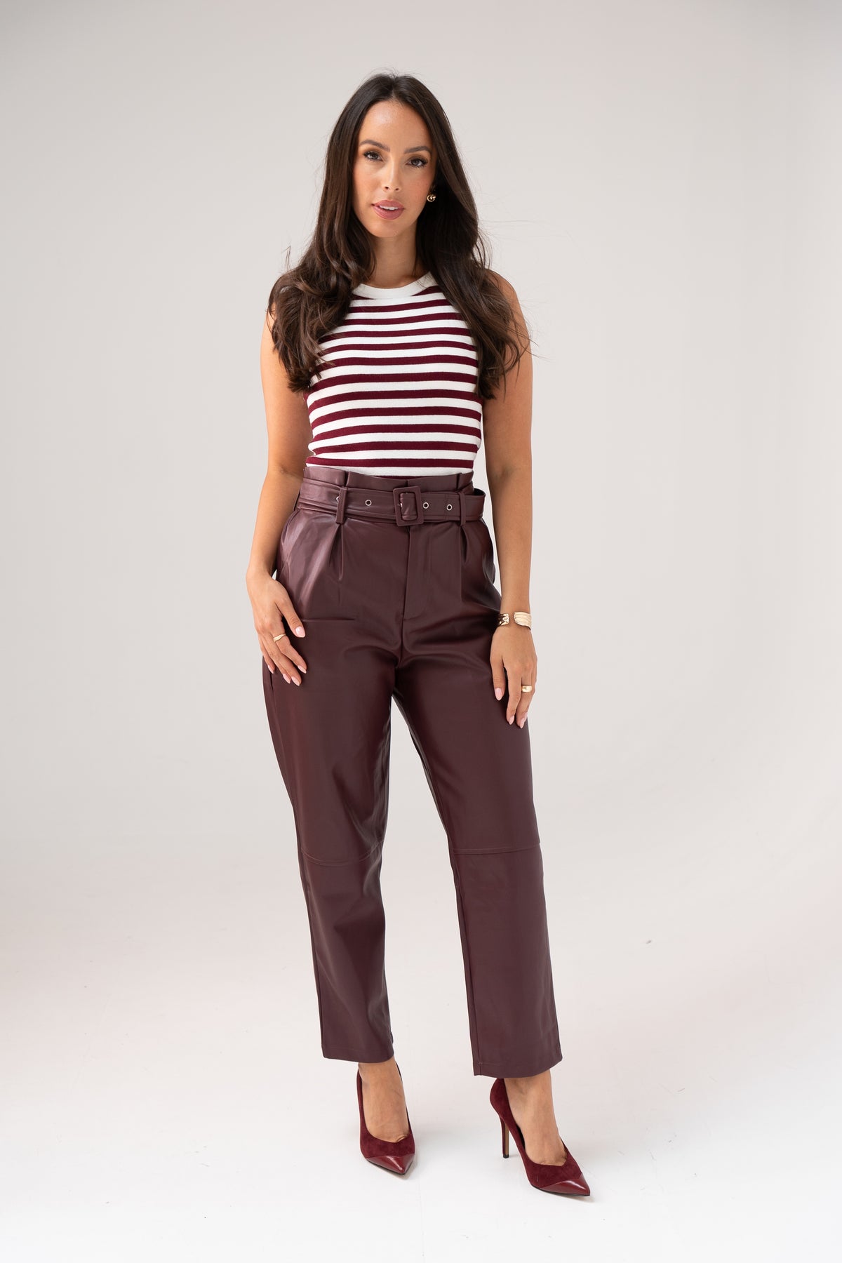 Ella Faux Leather Trousers In Wine