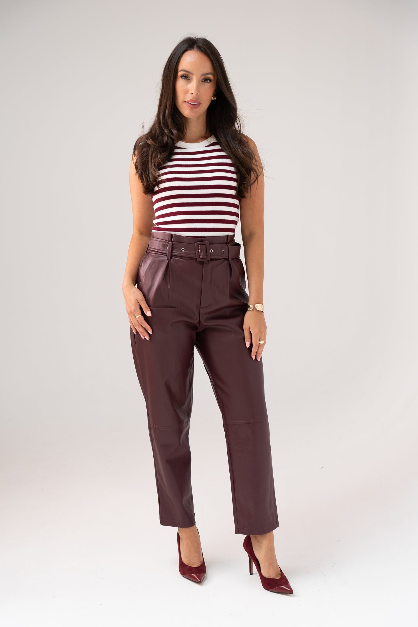 Ella Faux Leather Trousers In Wine