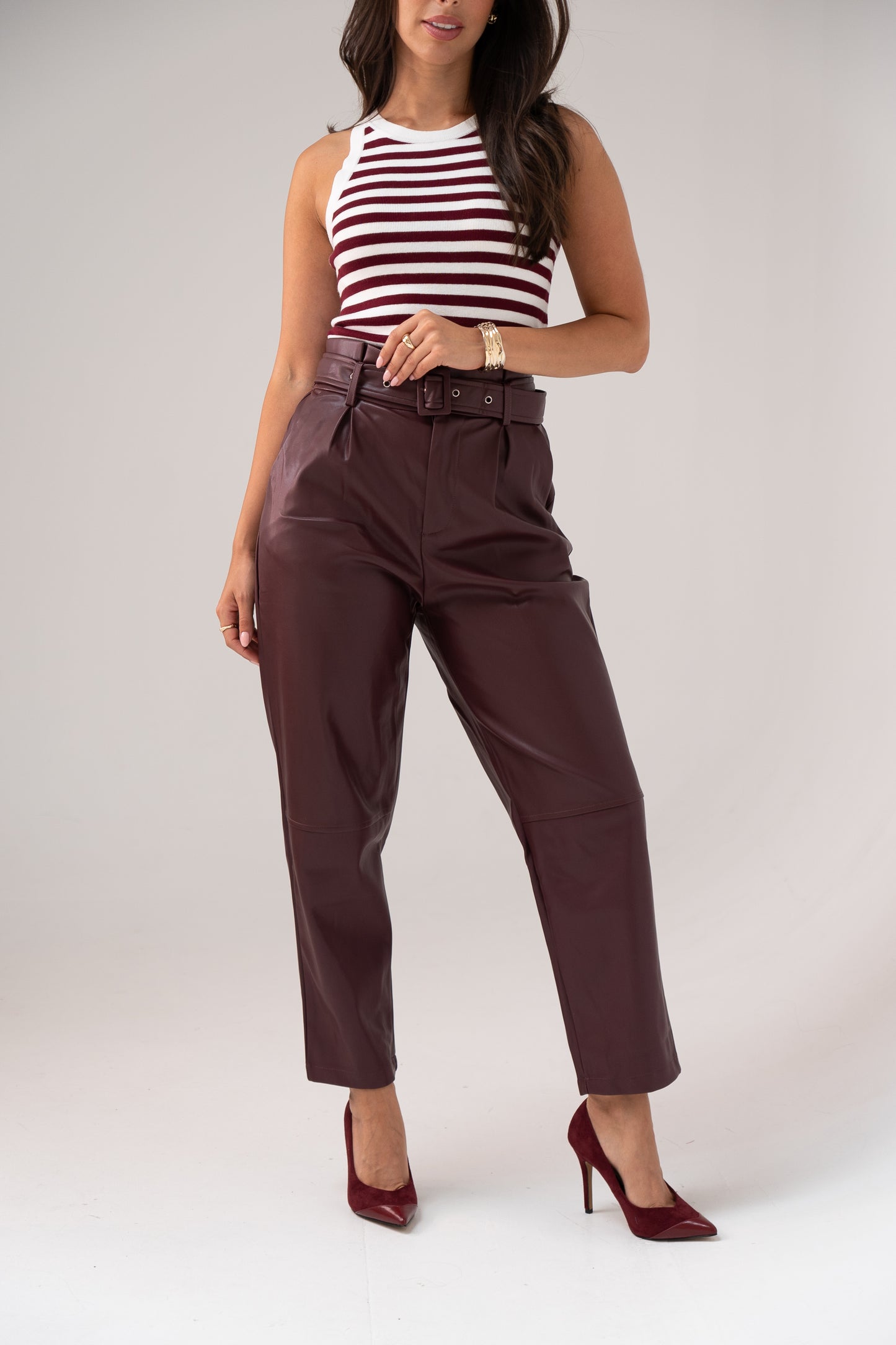 Ella Faux Leather Trousers In Wine