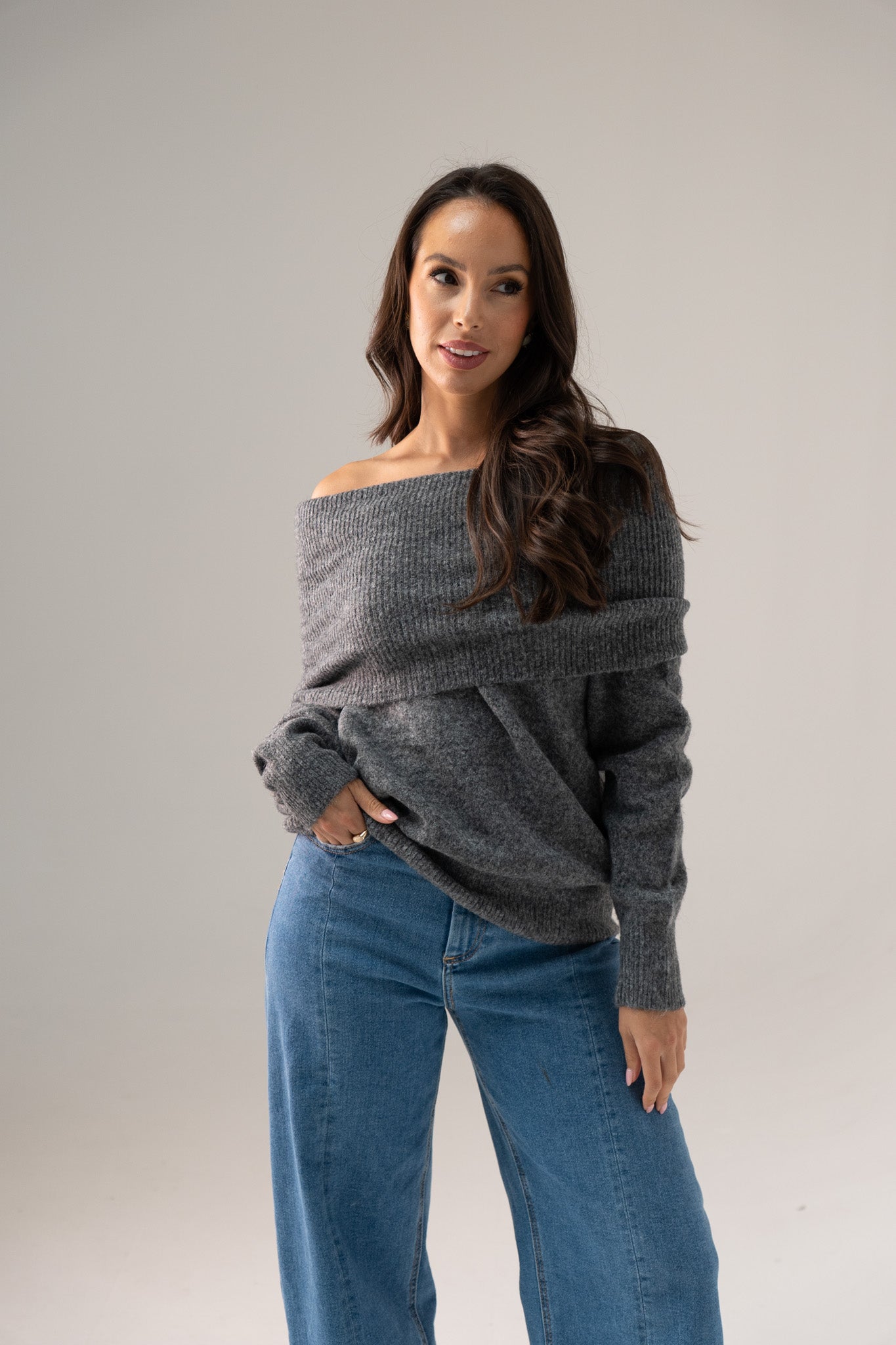 Elsa Bardot Jumper In Dark Grey