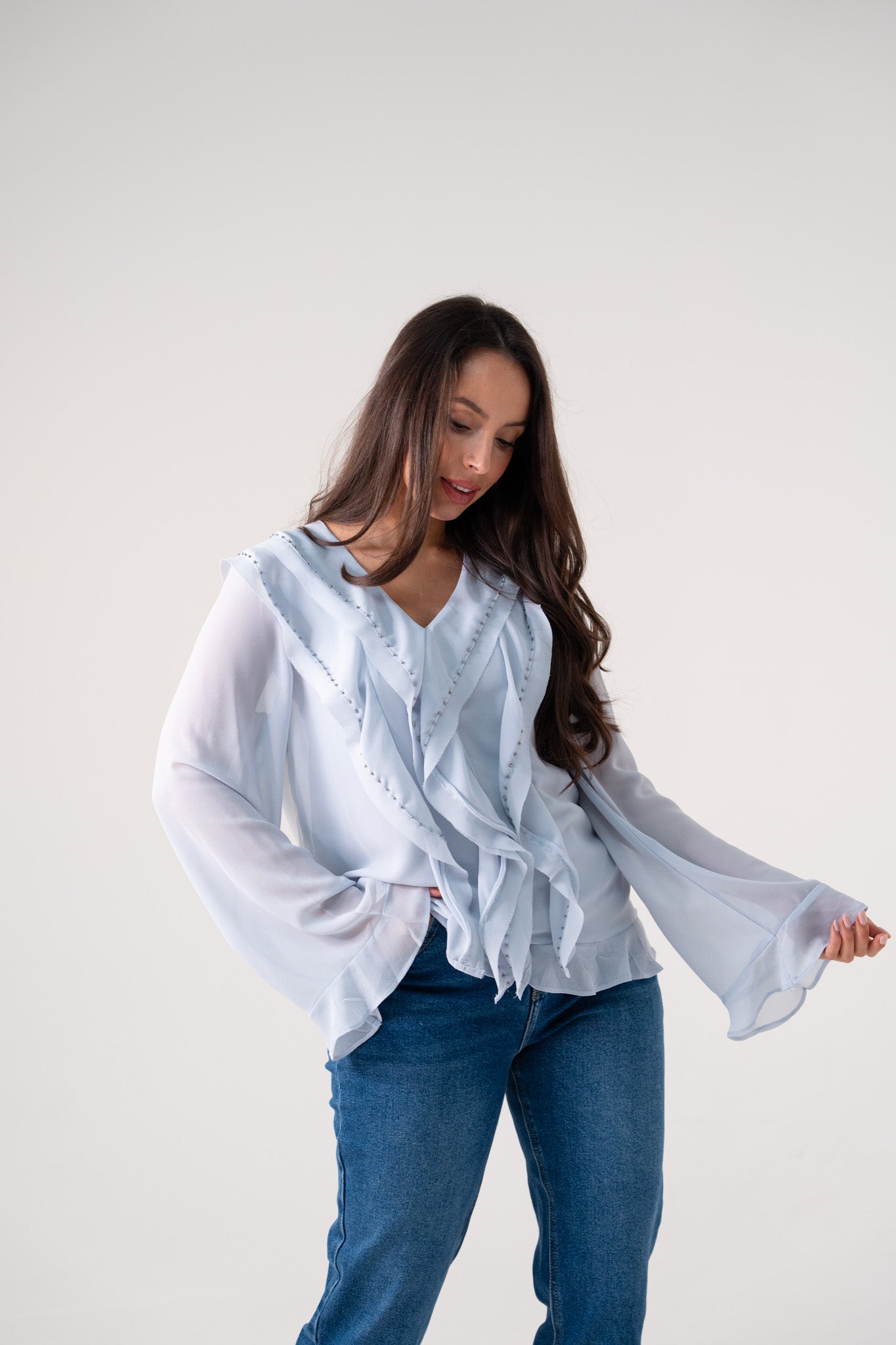Elsa Embellished Ruffle Blouse In Sky Blue