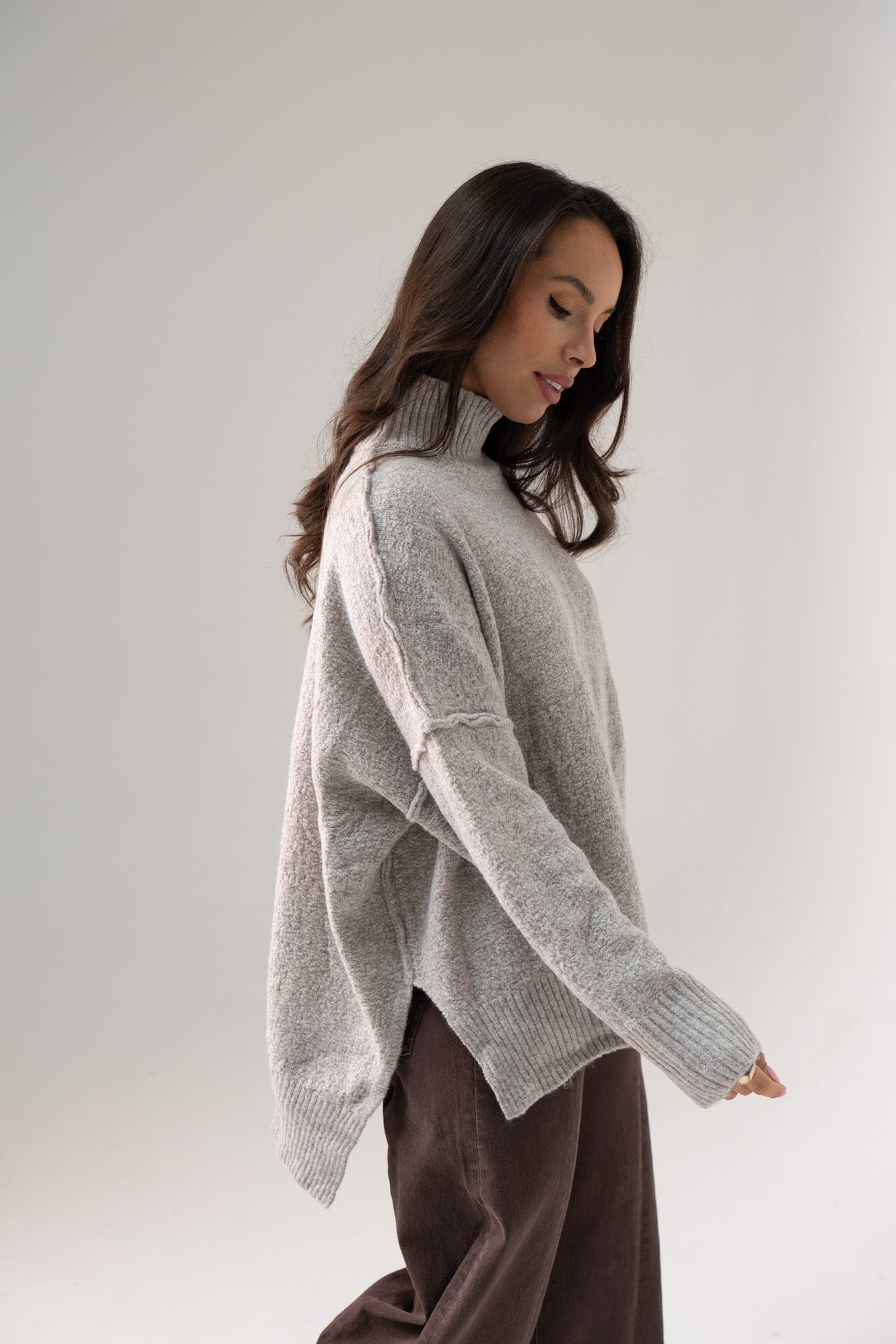 Elsa High Neck Jumper In Taupe