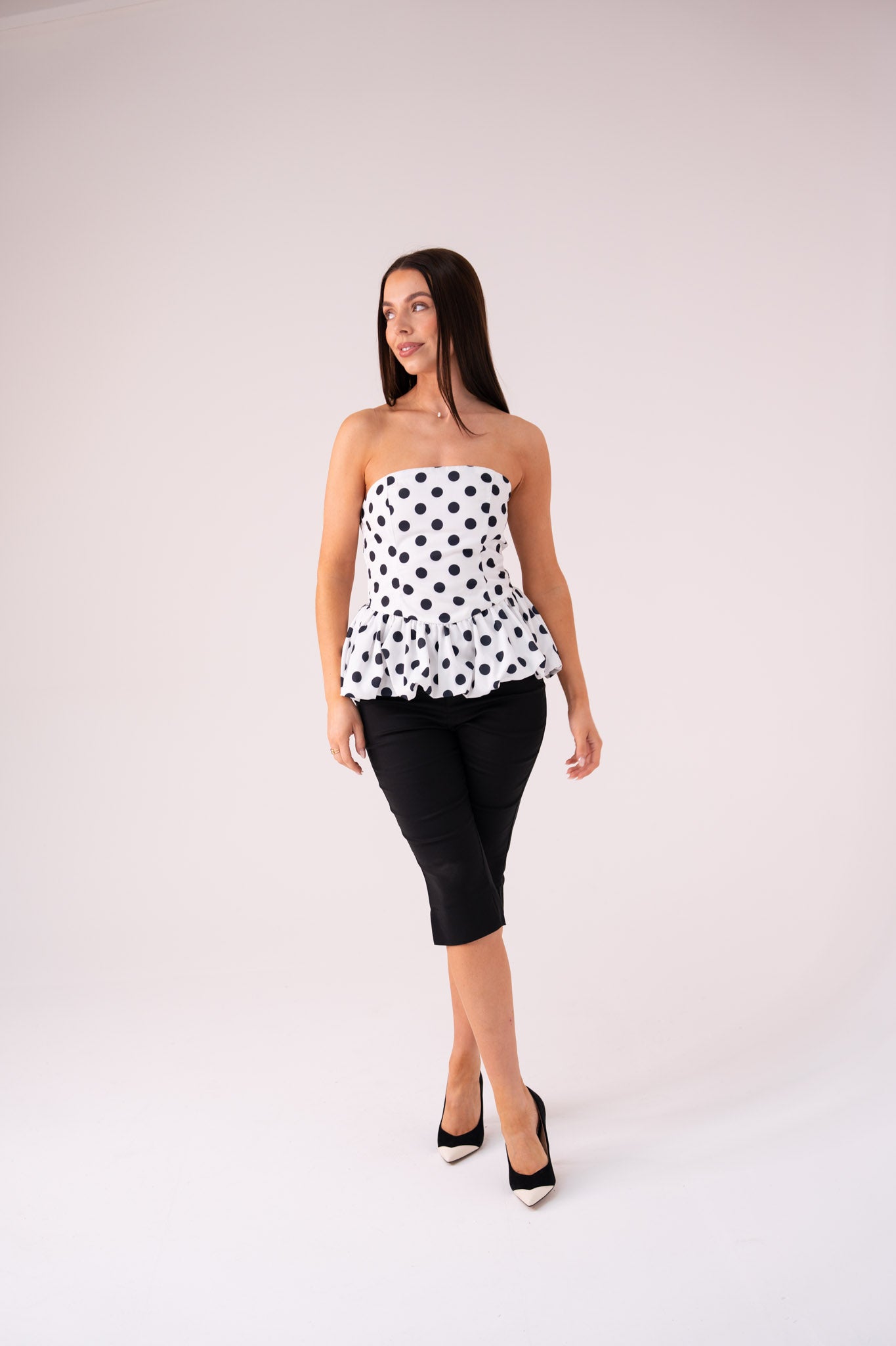Elsa Polka Dot Strapless Top In Black