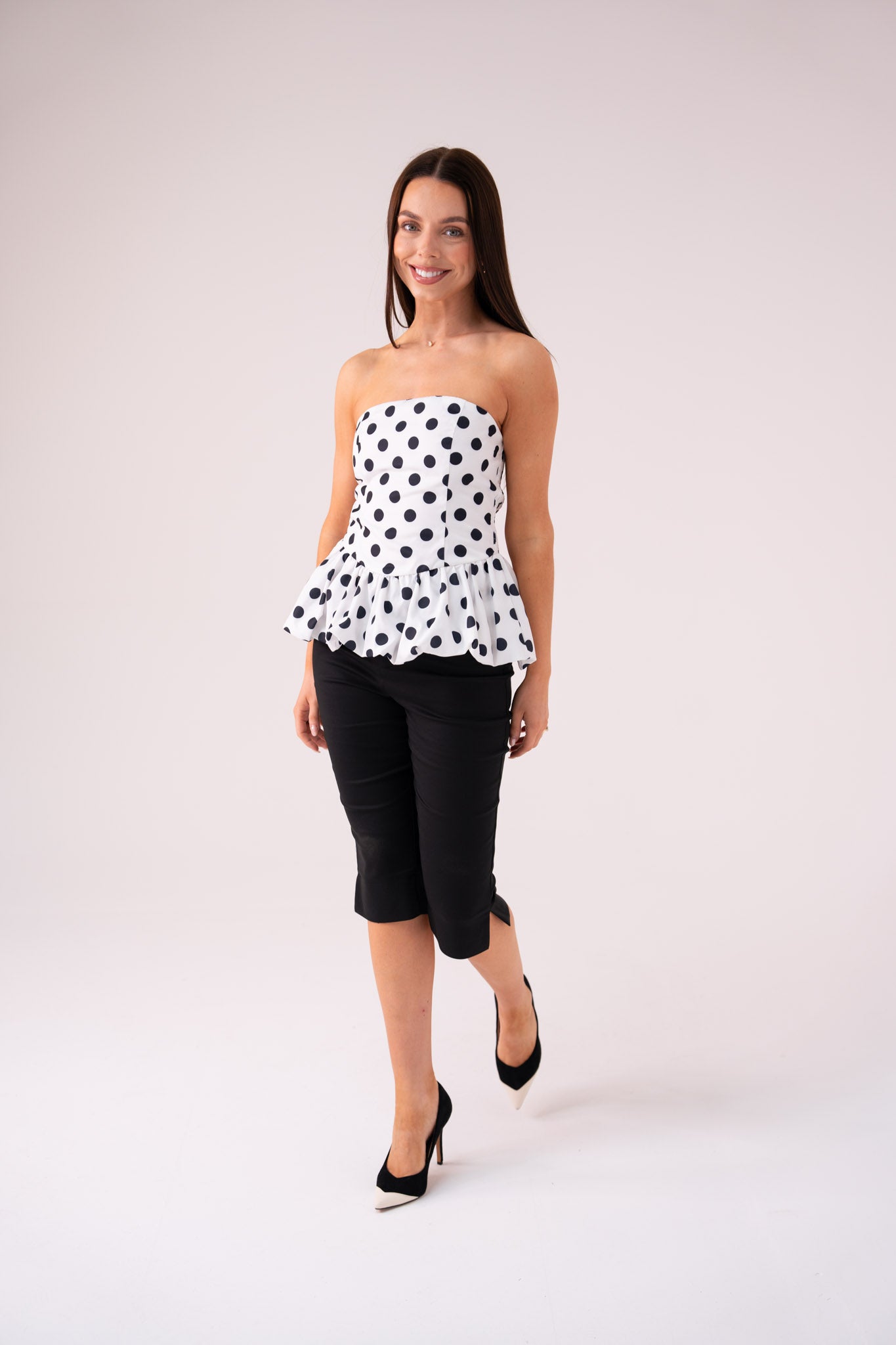Elsa Polka Dot Strapless Top In Black